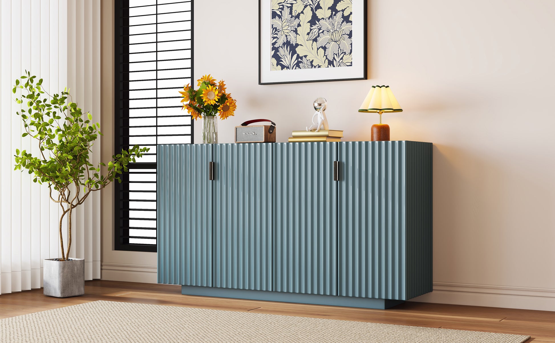 4 Wavy Doors Large Storage Space Sideboard With Adjustable Shelves And Retro Copper Handles For Dining Room And Living Room Antique Blue Antique Blue Mdf