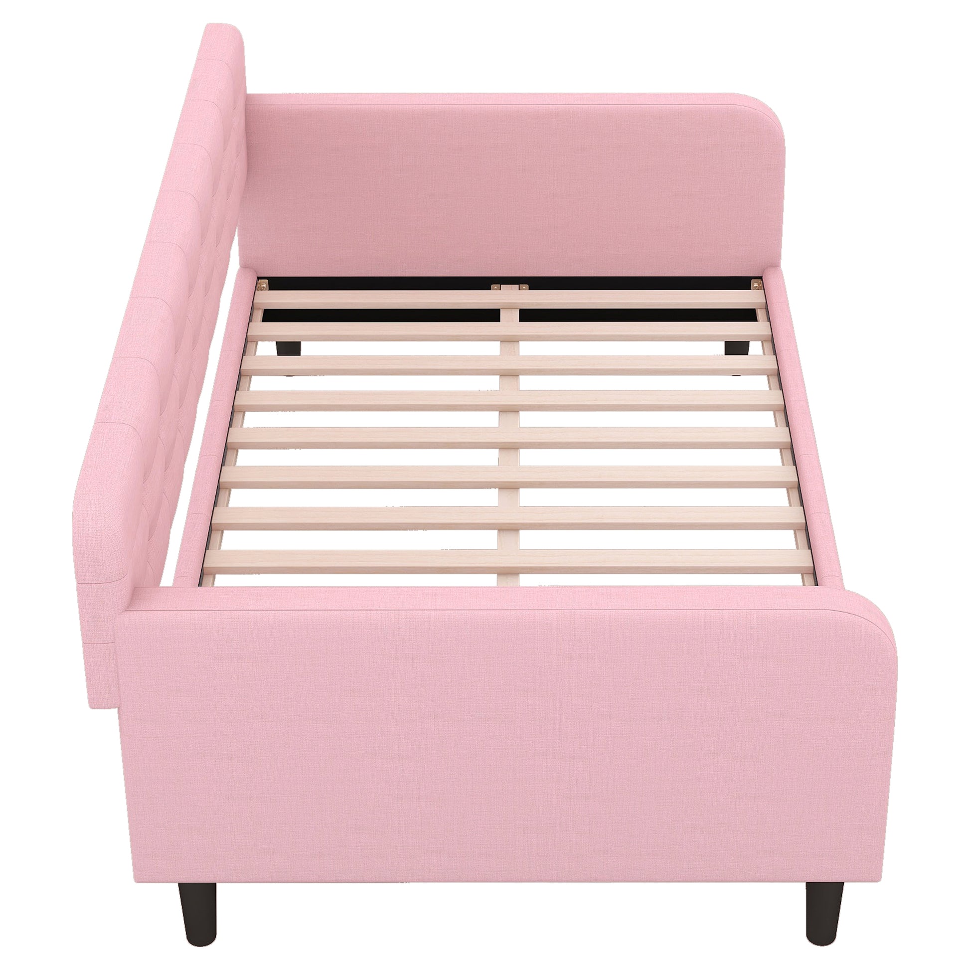 Twin Size Upholstered Tufted Daybed With 4 Support Legs, Pink Box Spring Not Required Twin Pink Wood Bedroom Daybeds Linen Upholstered