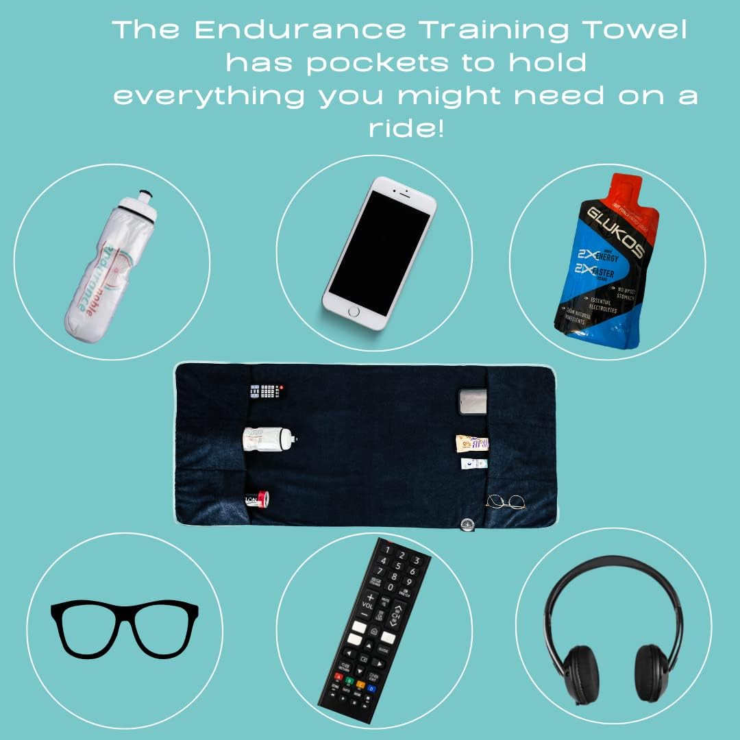 Sweat Protection Towel, Handdlebar Sweat Towel For Peloton, Echelon Bike, Bike Trainer Stand, Indoor Cycling Workout Towel With 6 Pocket For Water Bottle Or Phone Holder Black Polyester