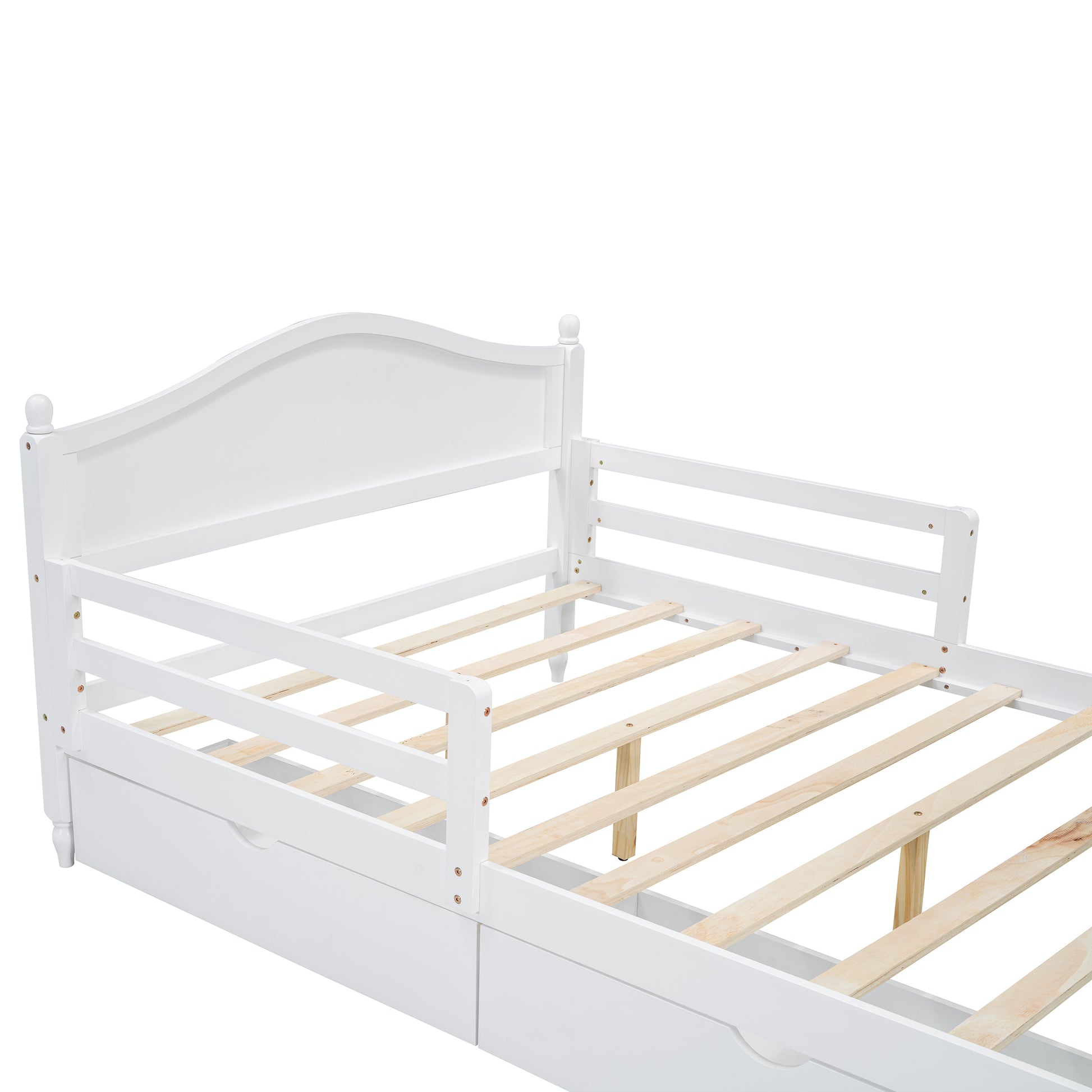 Full Size Wood Platform Bed With Guardrails On Both Sides And Two Storage Drawers ,White Full White Wood