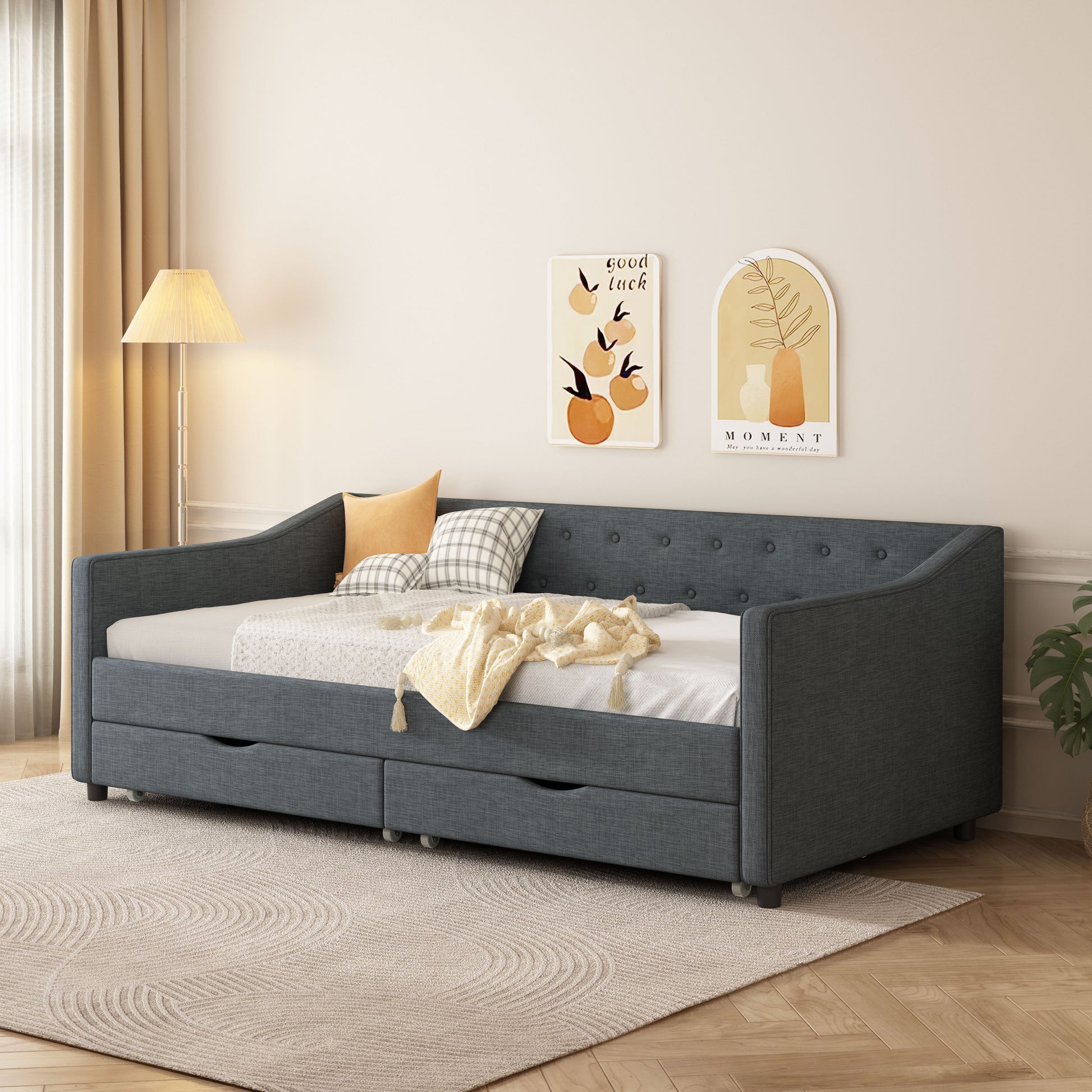 Twin Size Daybed With Drawers Upholstered Tufted Sofa Bed, With Button On Back And Piping On Waved Shape Arms Dark Grey Twin Dark Grey Wood Fabric