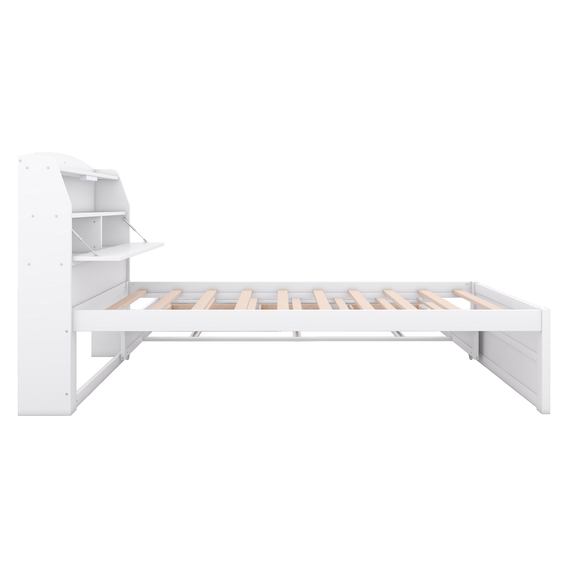 Twin Size Wooden Led Platform Bed With Trundle, With Storage Headboard, With Drawers, White Twin White Plywood