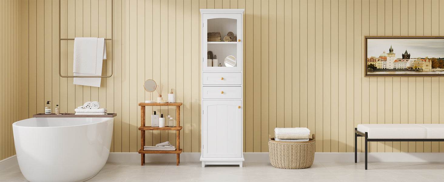 Tall Bathroom Storage Cabinet With Glass Doors, Free Standing, Two Drawers, And Adjustable Shelves, Mdf Board, Painted White Perfect For Displaying Your Favorite Items 2 White 2 4 Adjustable Shelves Bathroom Freestanding Partice Board Mdf Pine Wood