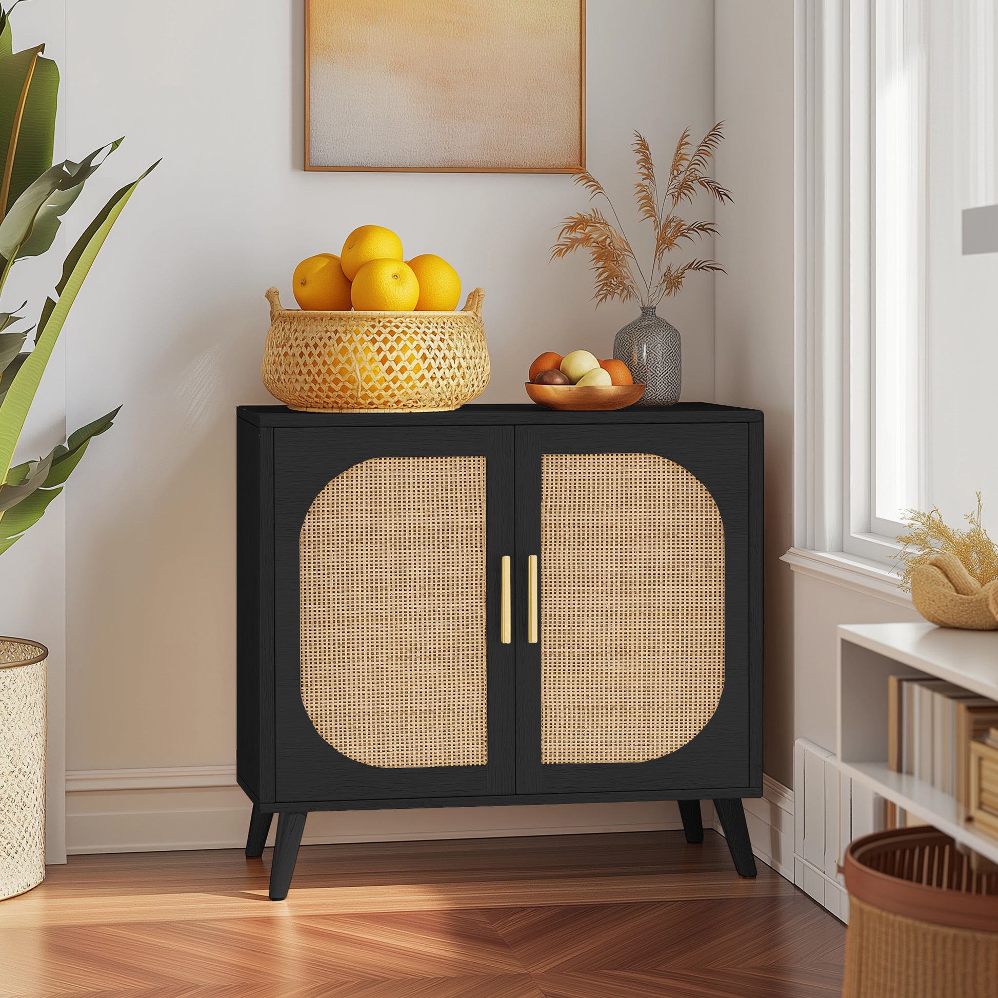 Buffet Cabinet With Storage, Accent Bathroom Floor Cabinet,With Two Doors And 4 Compartments Forstorage,Cabinet With Solid Wood Feet,Sideboard Cabinet For Hallway, Entry, Living Room, Black Black Particle Board