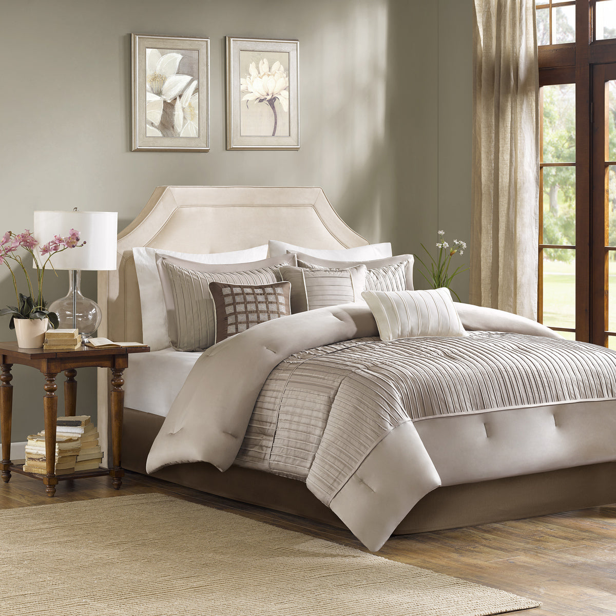 7 Piece Polyester Charmeuse Comforter Set Taupe King King Taupe Polyester