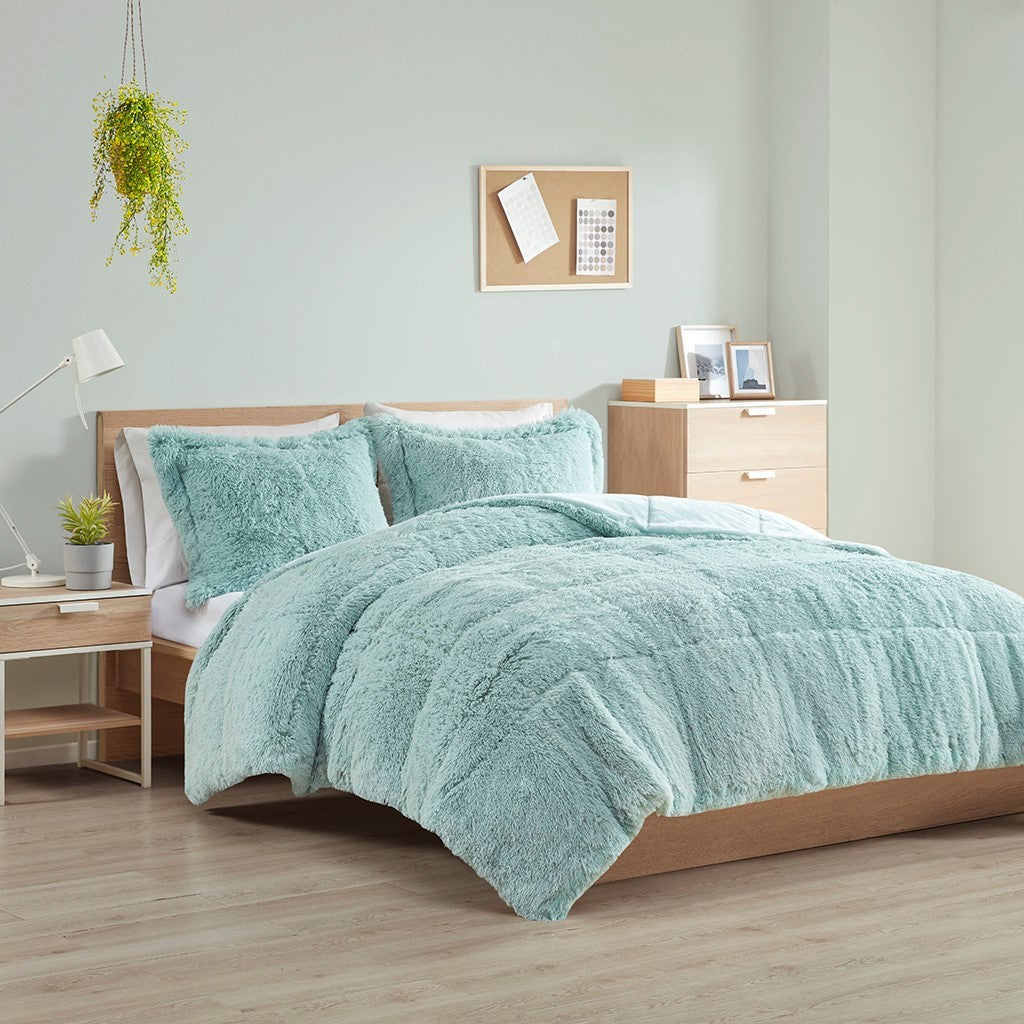 Shaggy Long Fur Comforter Mini Set Queen Blue Polyester