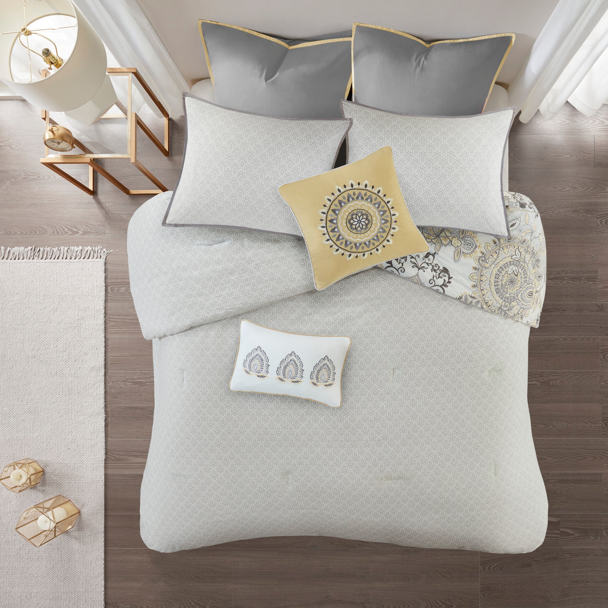 8 Piece Cotton Floral Printed Reversible Comforter Set Yellow Queen Queen Yellow Cotton