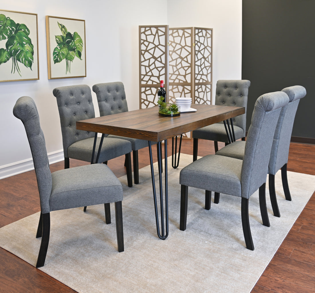 Ashford 7 Piece Dining Set, Hairpin Dining Table With 6 Chairs, 4 Color Options Brown Metal Dining Room Fixed Table Rubberwood Rectangular Dining Table With Chair Wood Wood Brown Seats 6 Rectangular 4 Leg Mdf Metal