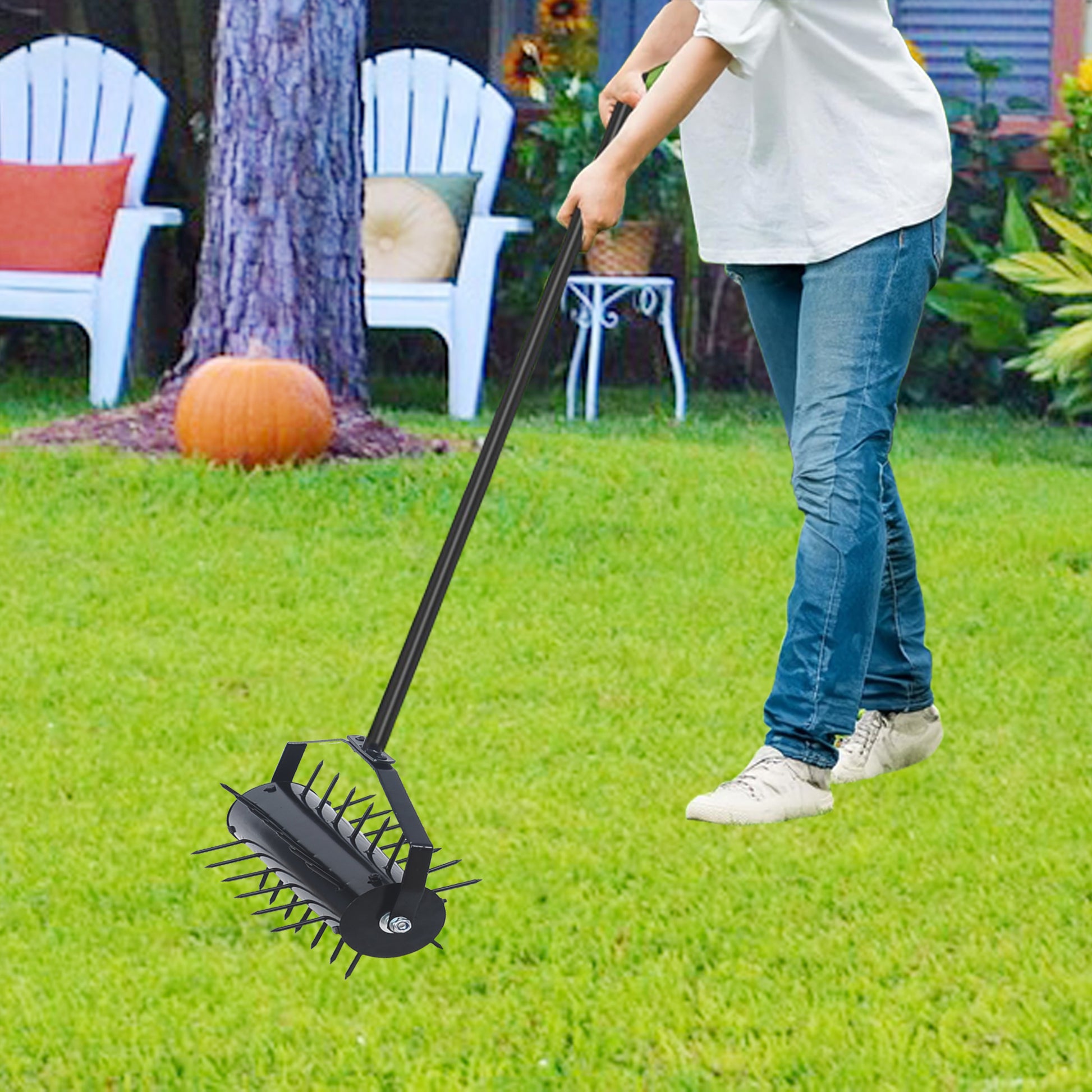 Rolling Manual Lawn Aerator, Home Aerator Lawn Tool Pusher, 58 Inch Handle Push Lawn Aerator For Lawns, Yards And Gardens Black Iron