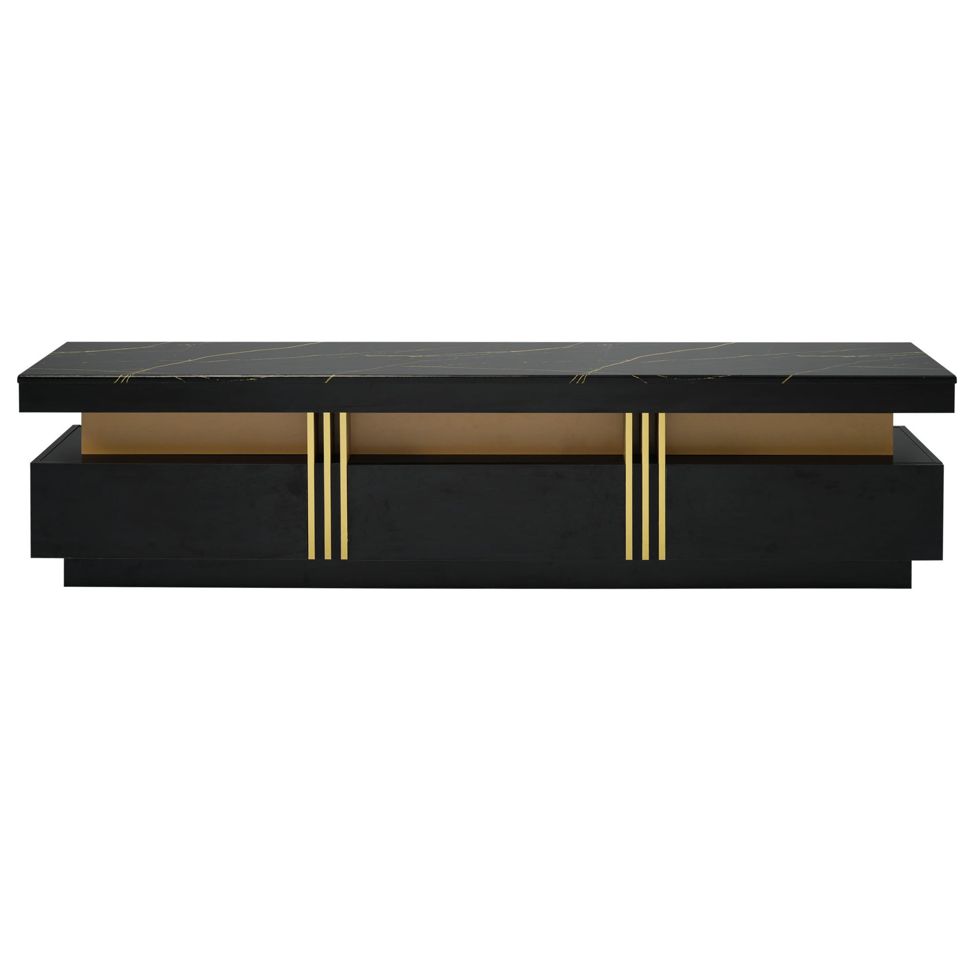 Luxury Tv Stand With High Gloss Faux Marble Top For Tvs Up To 78'', Rectangle Media Console With Golden Panel Design, Practical Entertainment Center With 3 Drawers For Living Room, Black Black Gold 70 79 Inches 70 79 Inches Mdf