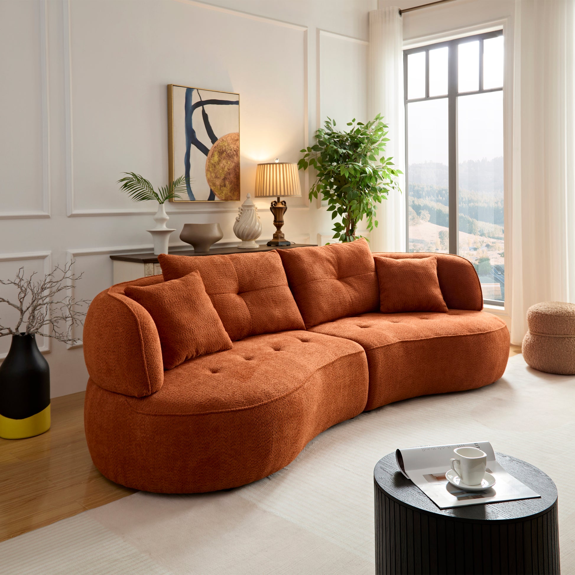 Wks7C Orange Sectional Sofa With Removable Pillows, Durable Fabric, Solid Wood Frame, High Density Sponge Filler Orange Fabric 4 Seat