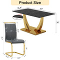 Table And Chair Set.Modern Rectangular Dining Table With Black Textured Stickers Glass Tabletop And Gold Plated Metal Legs.Paried With 4 Comfortable Chairs With Pu Seats And Golden Metal Legs. Dark Gray,Gold Seats 4 Glass Metal