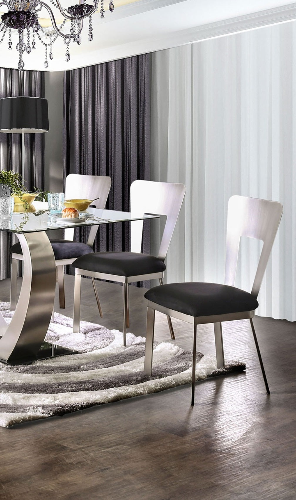 Contemporary Silver Metal 2Pc Dining Chairs Black Microfiber Seat Dining Room Keyhole Back Satin Plated Powder Coating Chair Metal Black,Silver Dining Room Powder Coated Contemporary,Modern Side Chair Set Of 2 Metal,Microfiber