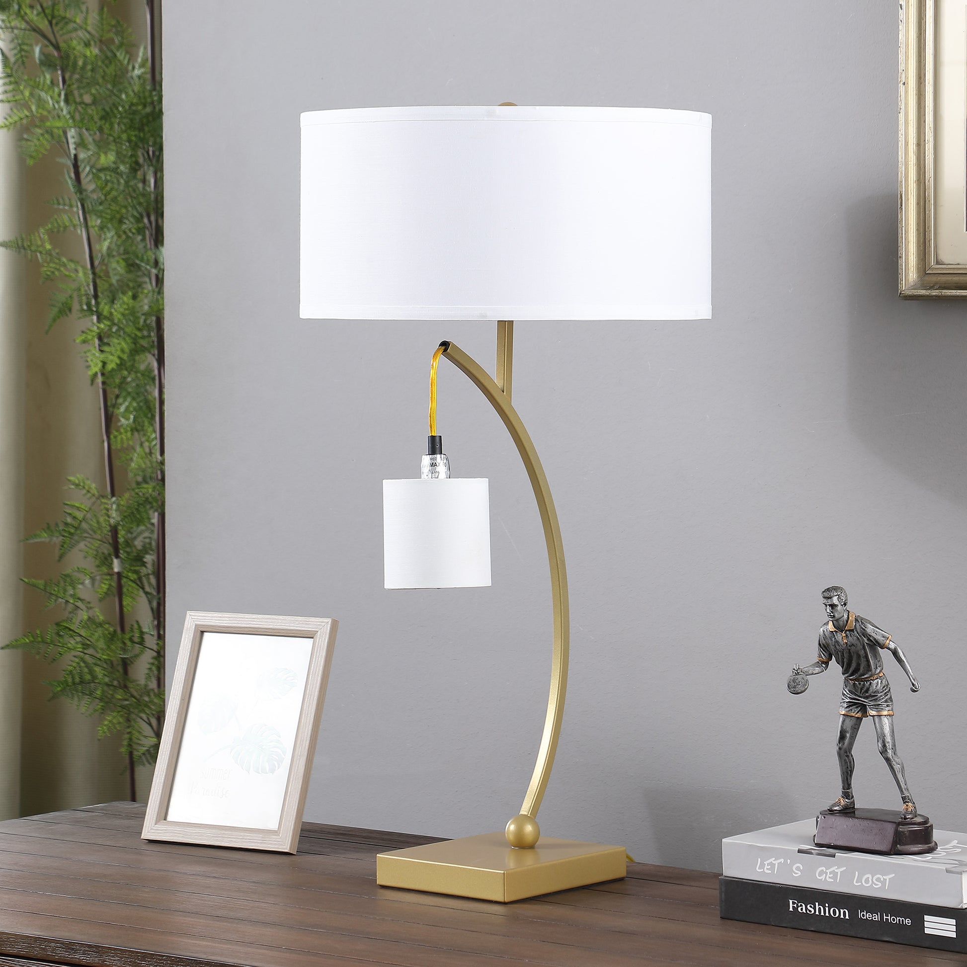 28.5" In Contemporary Dual Gold Arc W Hanging Pendelum Lamp Metal Table Lamp Gold Metal