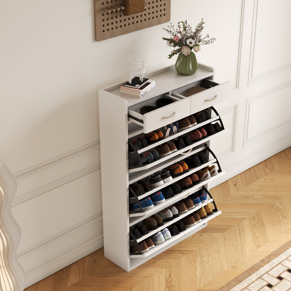 2408 White Solid Wood Shoe Cabinet, Three Layers, Flip Bucket Shoe Storage Cabinet, Simple And Generous For A Variety Of Home Styles White Mdf