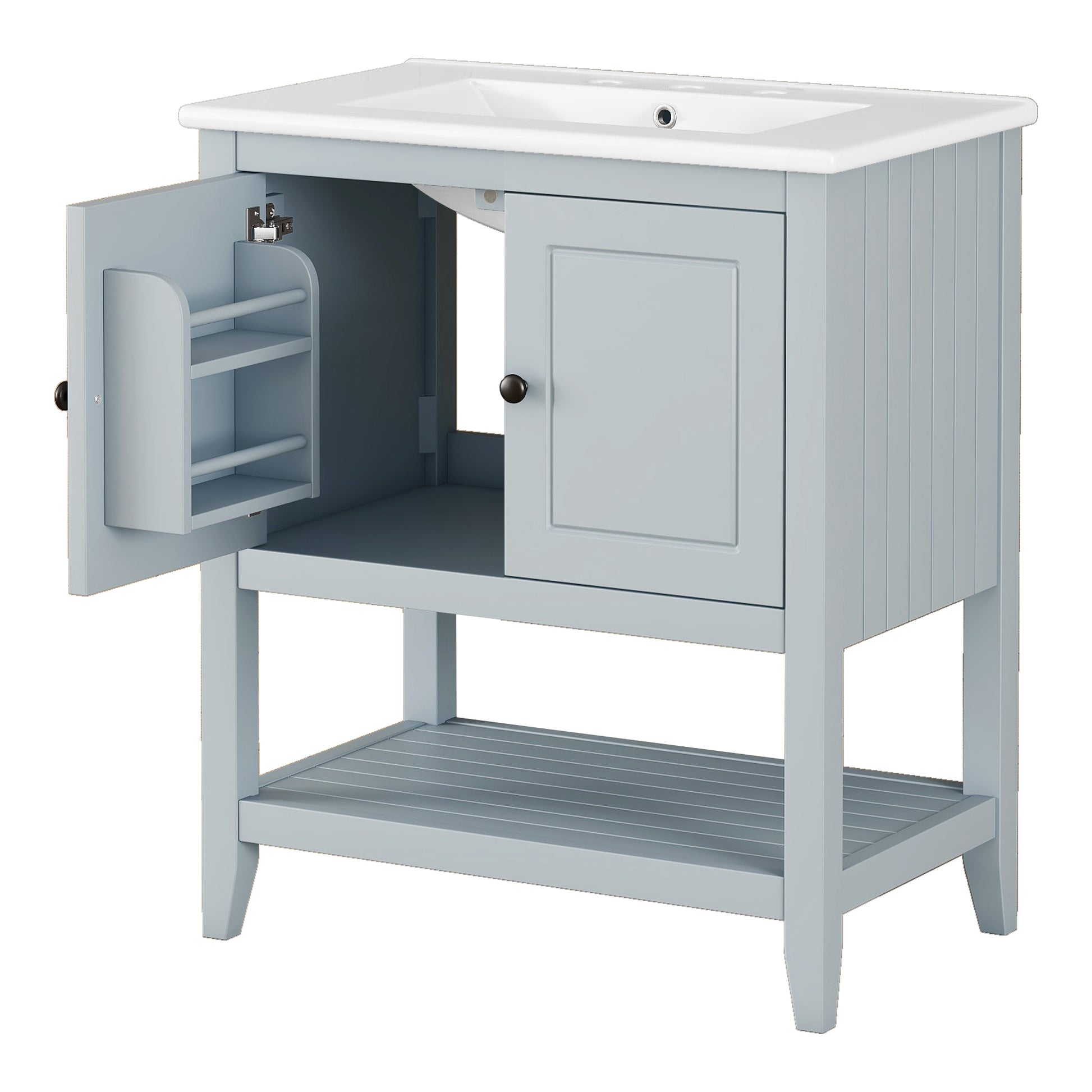 30" Gray Modern Sleek Bathroom Vanity Elegant Ceramic Sink With Solid Wood Frame Open Style Shelf & Door Shelf Design Gray Solid Wood