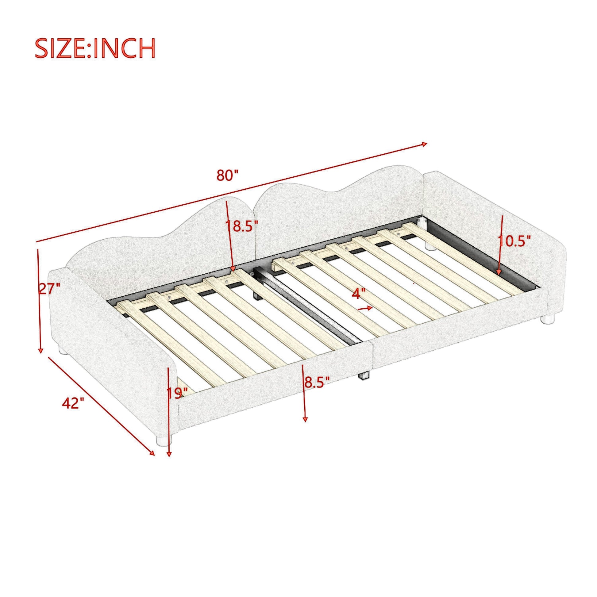 Twin Size Upholstered Daybed, Sherpa Fabric Sofabed With Cloud Shaped Backrest, No Box Spring Needed, Gray Twin Gray Wood Fabric