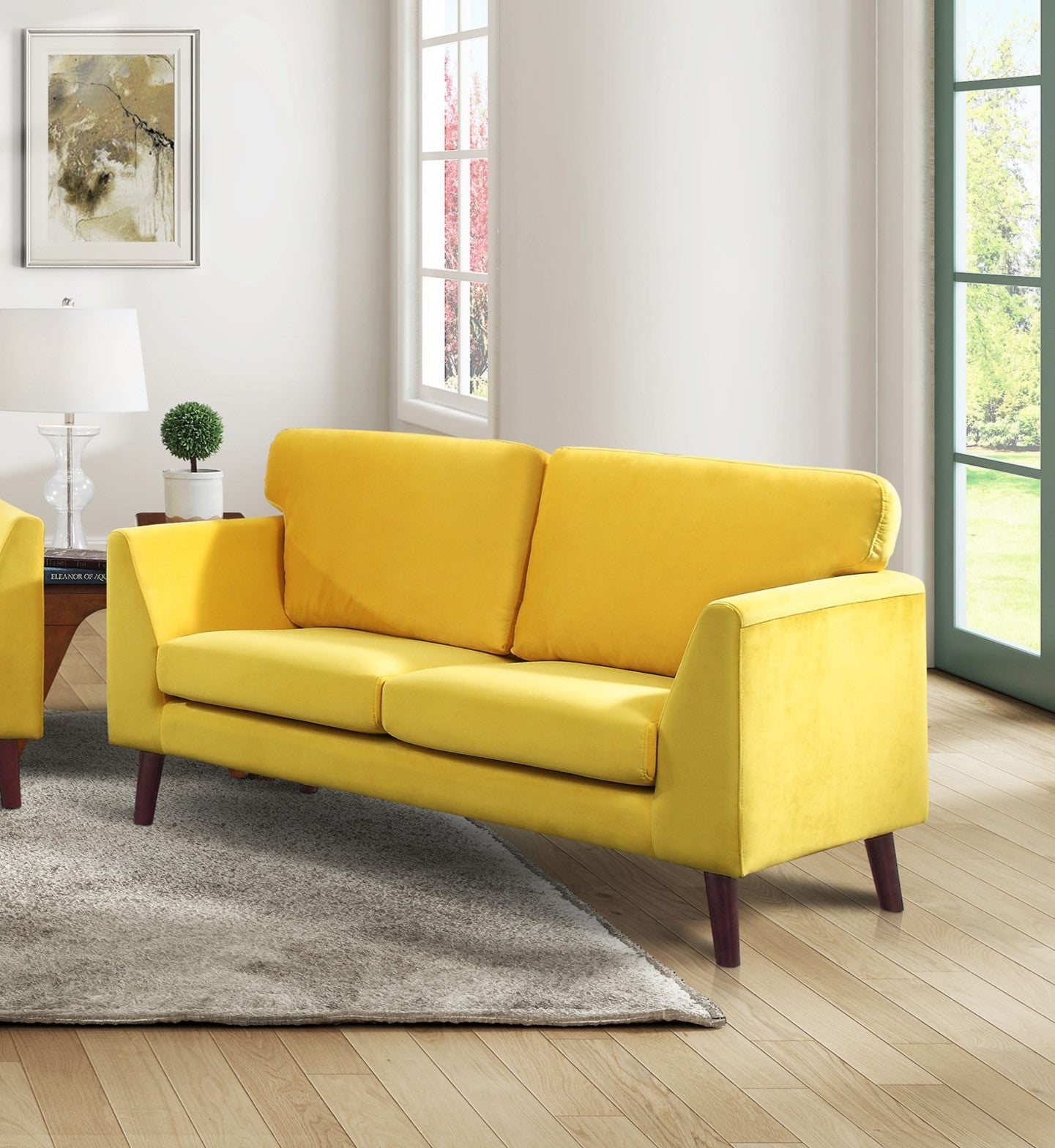 Modern Contemporary Living Room 1Pc Loveseat Yellow Velvet Upholstery Dark Brown Legs Solid Wood Furniture Yellow Velvet Wood Primary Living Space Modern Solid Wood