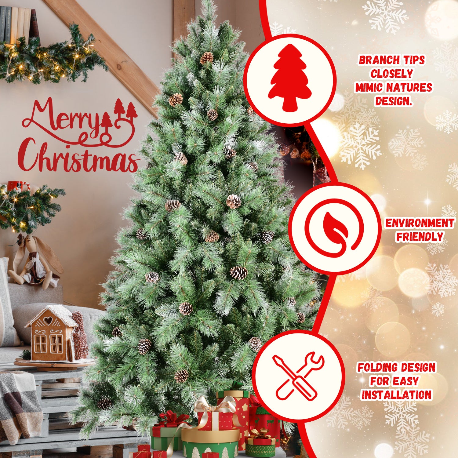 7.5Ft Scotch Pine Christmas Tree, Premium Frosted Pre Decorated Artificial Holiday Decor W 1,588 Branch Tips, Xmas Trees For Holiday Party Decoration Green Polyvinyl Chloride