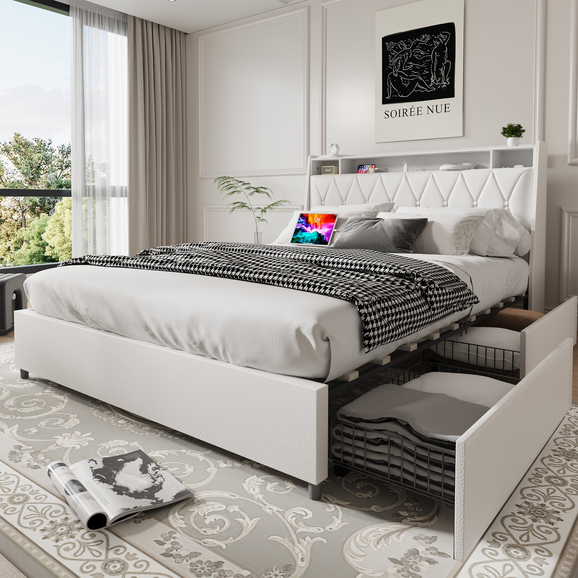 Full Size Bed Frame With Ergonomic Headboard, Full Platform Bed Frame With Outlets & Charger, Full Bed Frame With Storage Shelf, Bed Frame Full Size, Noise Free, No Box Spring Needed Box Spring Not