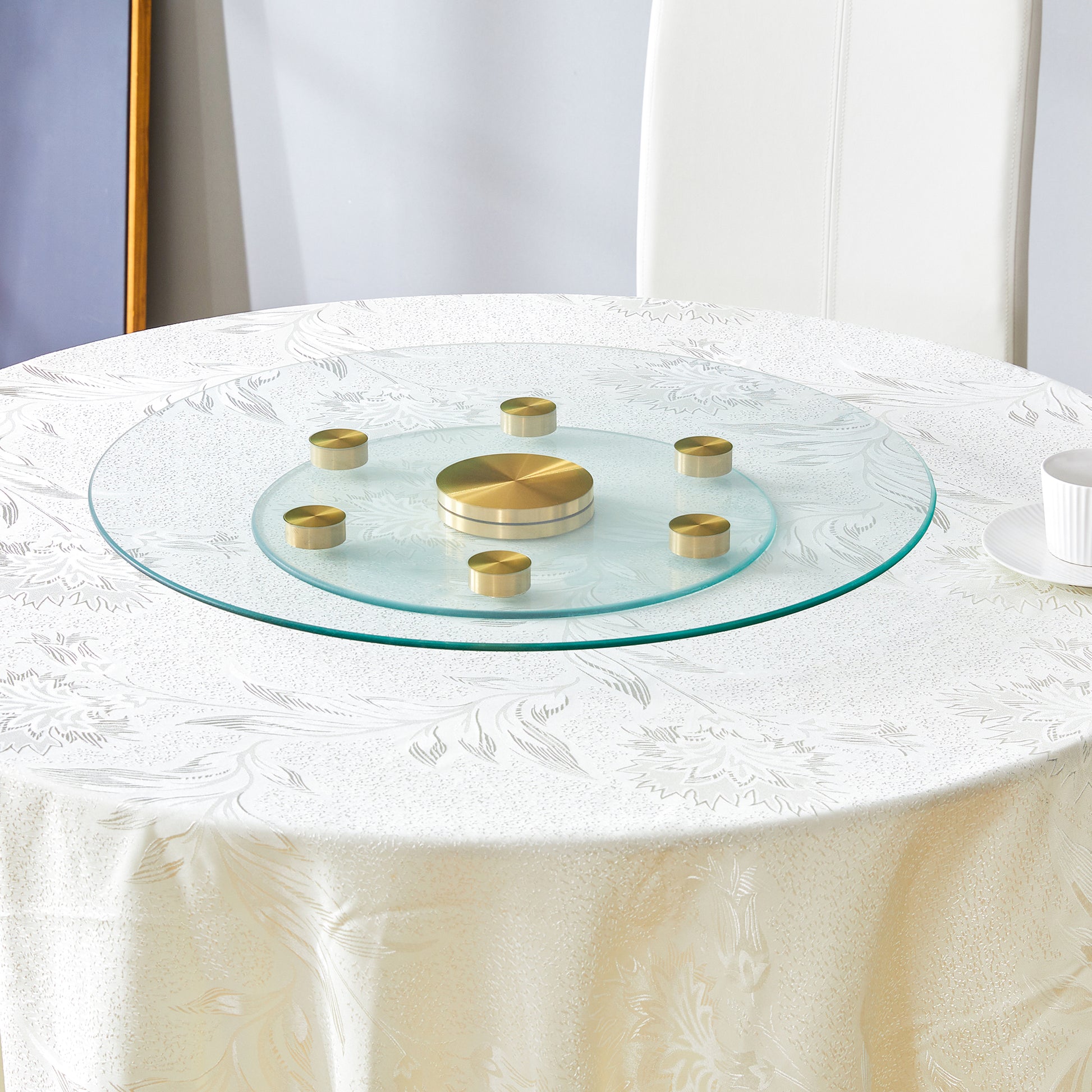 Double Layer Rotatable Round Glass.Golden Aluminum Plate,The Rotatable Design Makes It Convenient To Retrieve And Place Items.The Upper Glass Has A Diameter Of 24 Inches, The Lower Glass15 Inches.