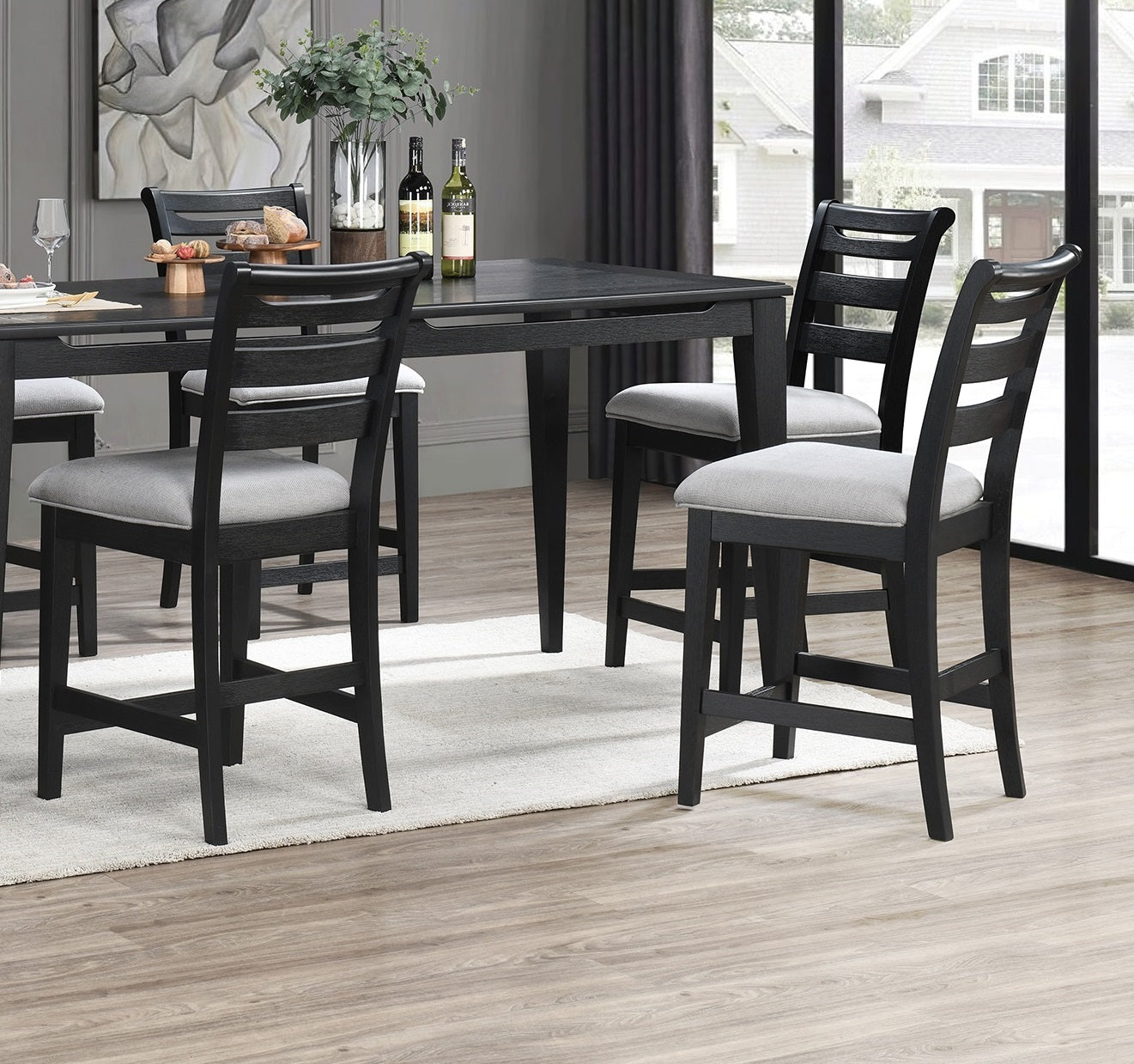 Black Color 7Pc Dining Set Counter Height Table And 6X High Chairs Upholstered Fabric Cushion Seats Solid Wood Dining Room Furniture Wood Dining Room Solid Wood Rubberwood Rectangular Dining Table With Chair Upholstered Chair Wood Black Ladder Back Seats
