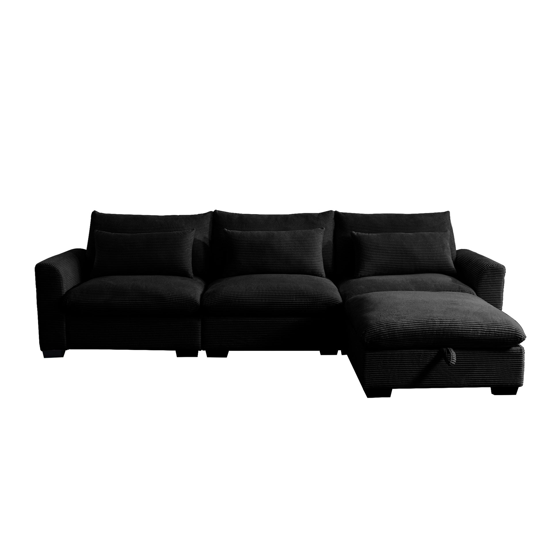 Corduroy Sectional Sofa, L Shaped Couch With Storage Footstool And 3 Pillow, Sectional Couch For Living Room Apartment, Black Black Corduroy 3 Seat