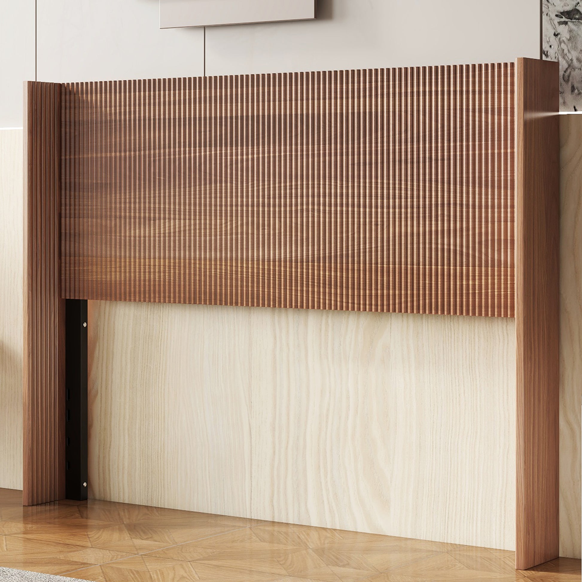 Wooden Integral Headboard, Modern Farmhouse, Bohemian, Convex Groove Board, Wing Back Design Golden Oak, Queen Box Spring Required Queen Natural Wood Composite Brown Bedroom American Design,Artsy