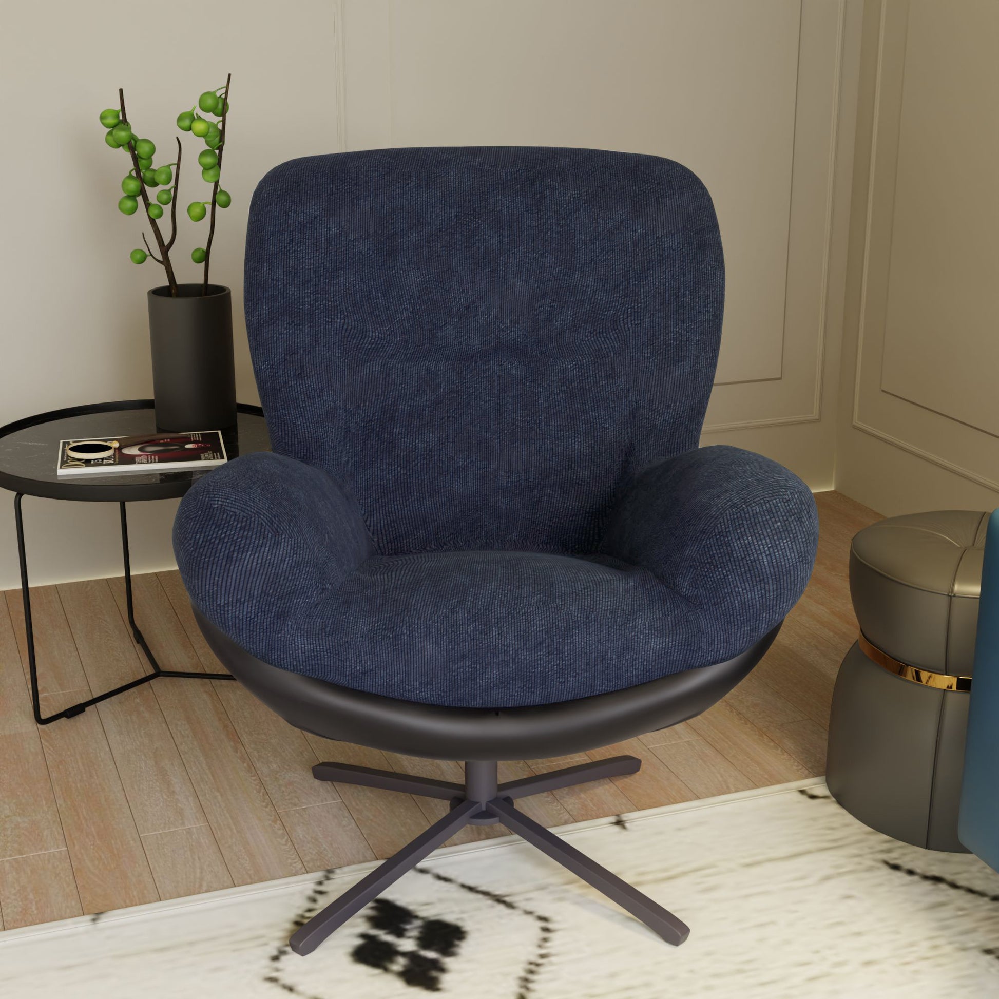 360 Swivel Accent Chair, Modern Chenille Lounge Chair With Faux Leather And Black Metal Base Frame, Comfortable Reading Chair For Small Spaces, Living Room, Bedroom, Reading Corner, Office, Navy Blue Black,Navy Blue Brown Primary Living Space American