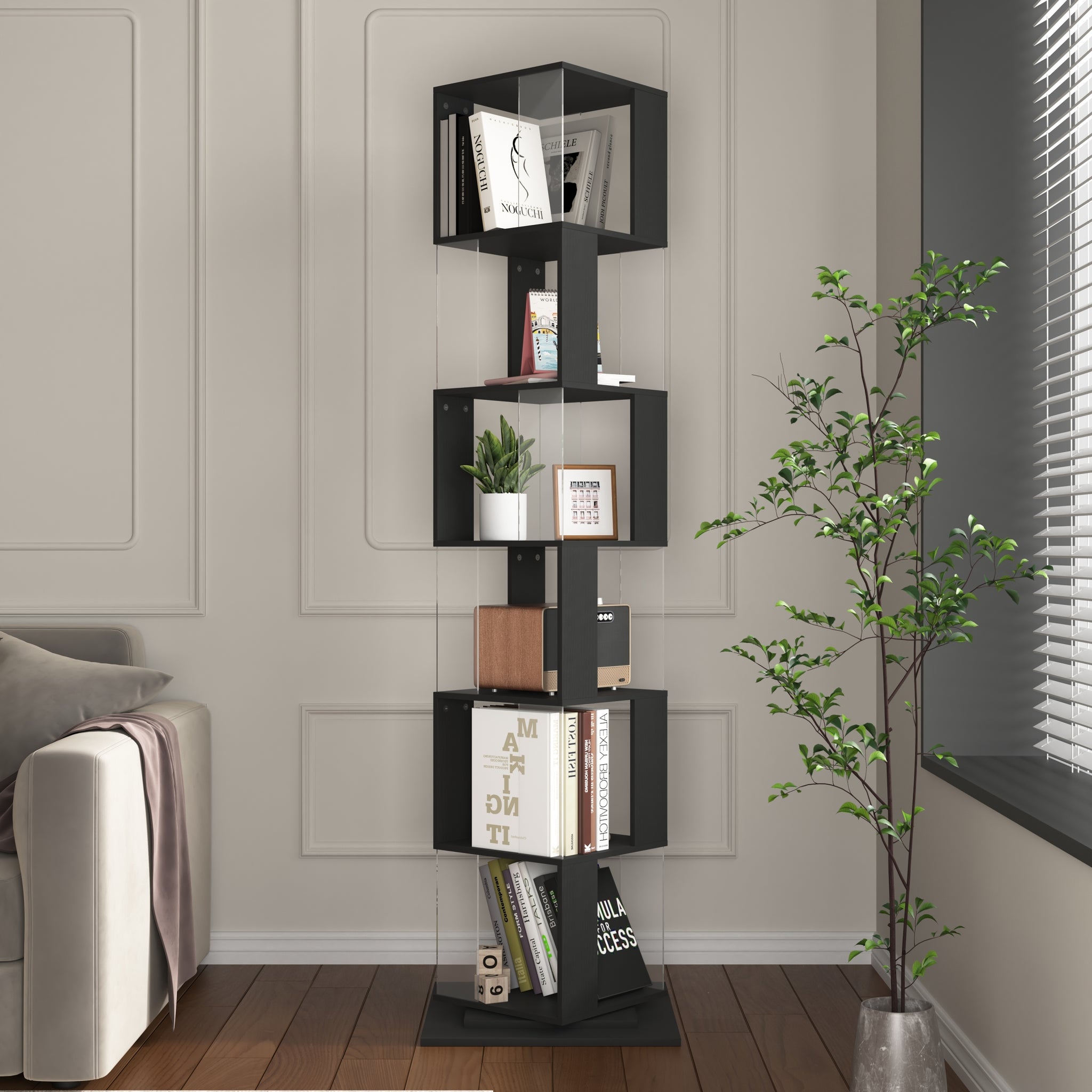 6 Tier Rotating Bookshelf, Floor Rack Simple Bookcase With Acrylic Plate Student Multi Function Creative Bookshelf For Living Room With Anti Toppling Base Black Particle Board