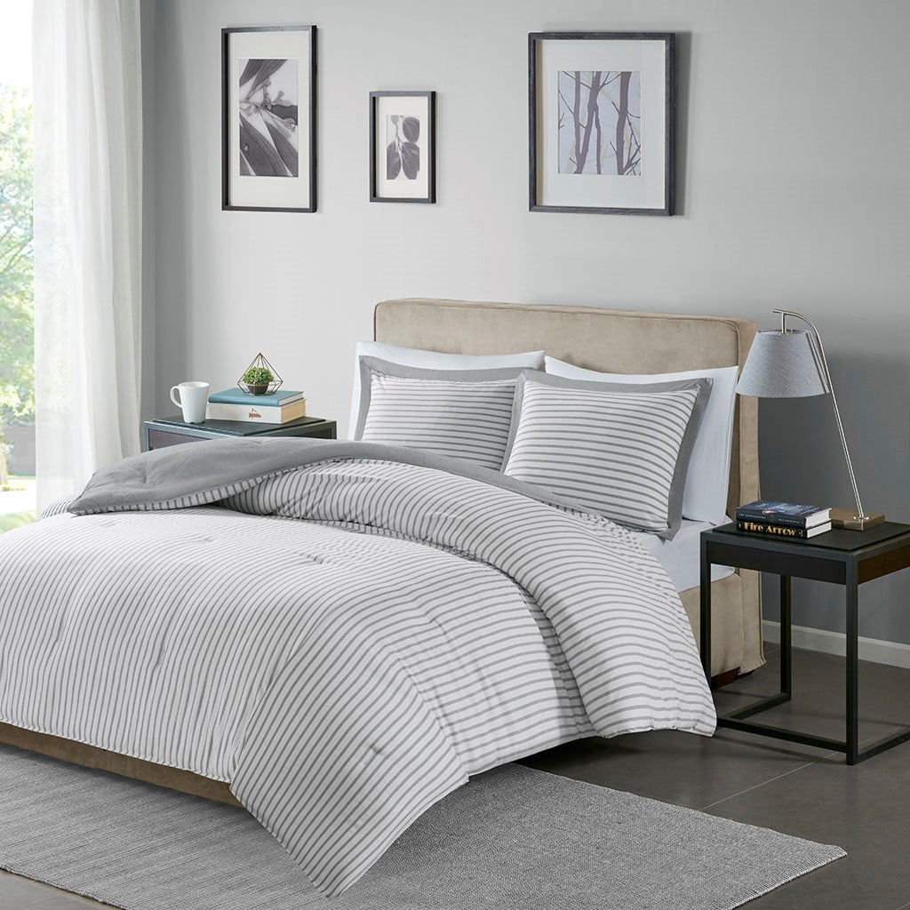 Reversible Yarn Dyed Stripe Down Alternative Comforter Set Queen White Gray Microfiber