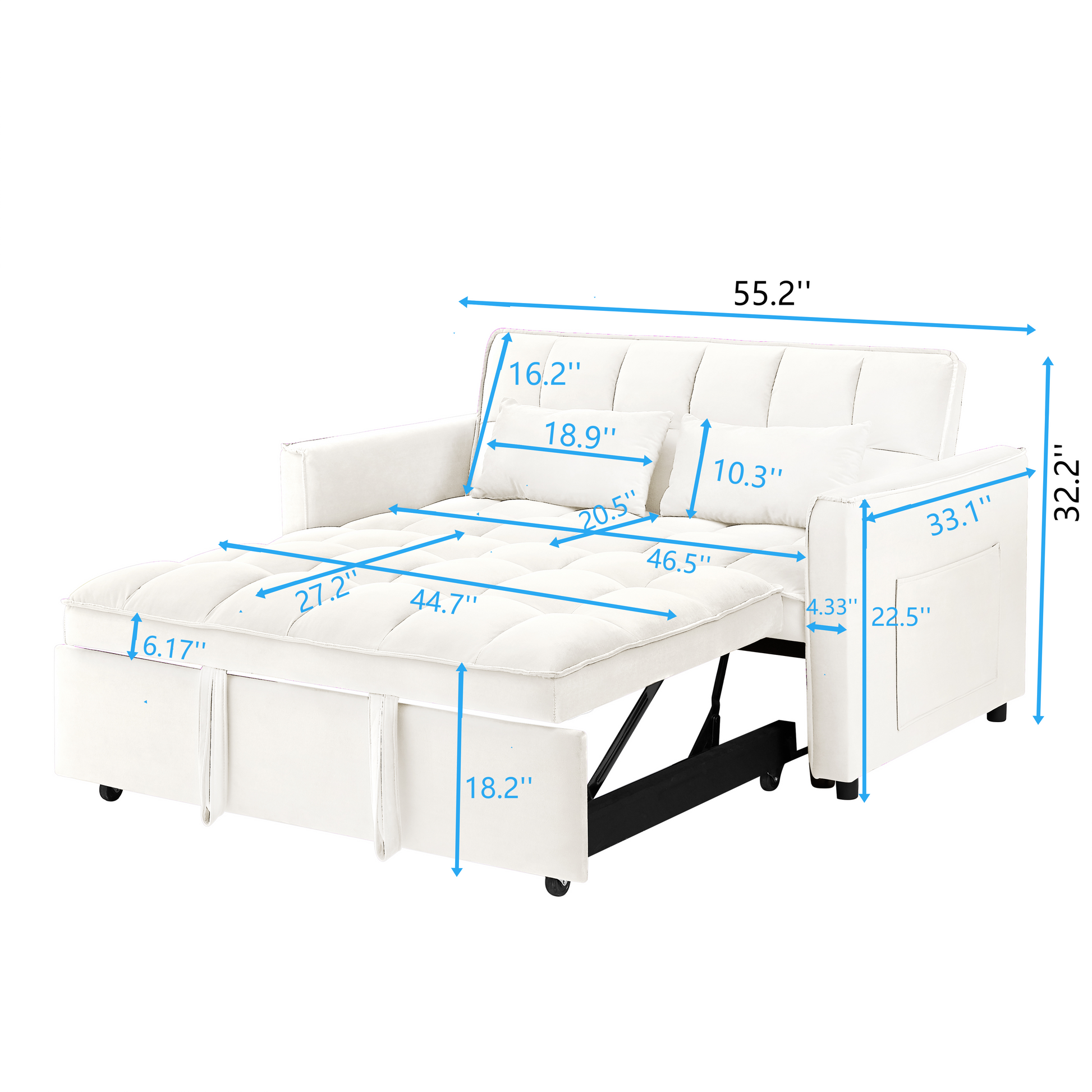 55.1 Inch 3 In 1 Convertible Sofa Bed, Modern Velvet Double Sofa Futon Sofa Bed With Adjustable Back, Storage Bag And Pillow, For Living Room, Bedroom Off White Light Brown Wood Primary Living Space Medium Duty Eucalyptus 2 Seat Beige White Velvet Soft