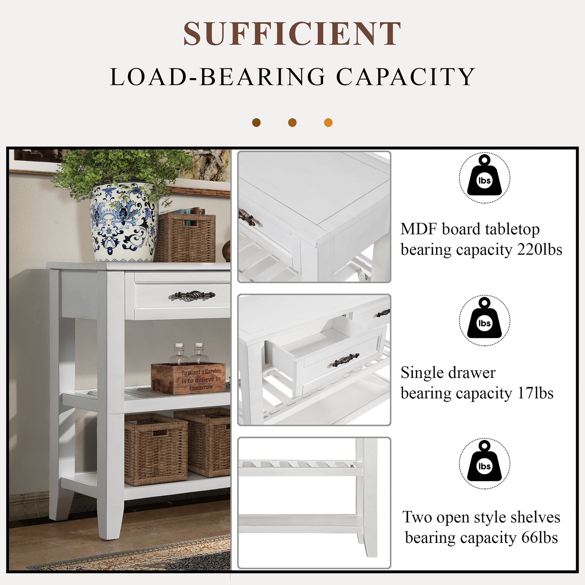 Console Sofa Table With 2 Storage Drawers And 2 Tiers Shelves, Mid Century Style 42'' Solid Wood Buffet Sideboard For Living Room Furniture Kitchen Dining Room Entryway Hallway, Antique White Antique White Pine