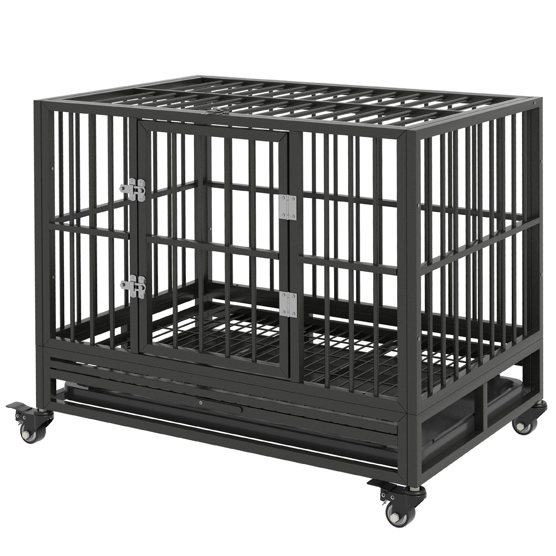 Pawhut 36" Heavy Duty Dog Crate Metal Cage Kennel With Lockable Wheels, Double Door And Removable Tray, Gray Grey Steel