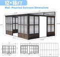 12X16Ft All Season Sunroom, Outdoor Permanent Wall Mounted Solarium With Detachable Polycarbonate Windows, Aluminum Lean To Gazebo Sun Room With 2 Lockable Sliding Doors For Garden Patio Deck Dark