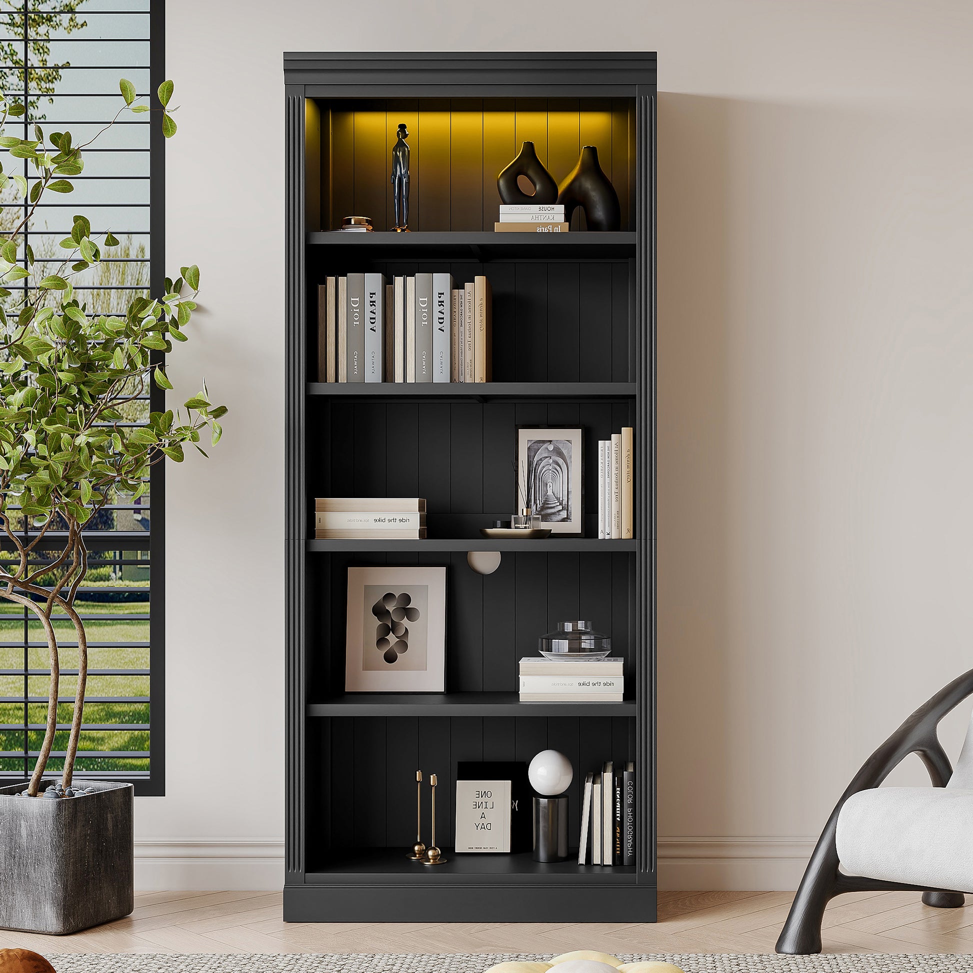 83.4" Tall Wood Bookcase With Light Strip,5 Tier Decor Bookshelves With Adjustable Shelves,Storage Organizer For Cds Books Movies,Free Standing Storage Shelves For Living Room,Home Office,Black