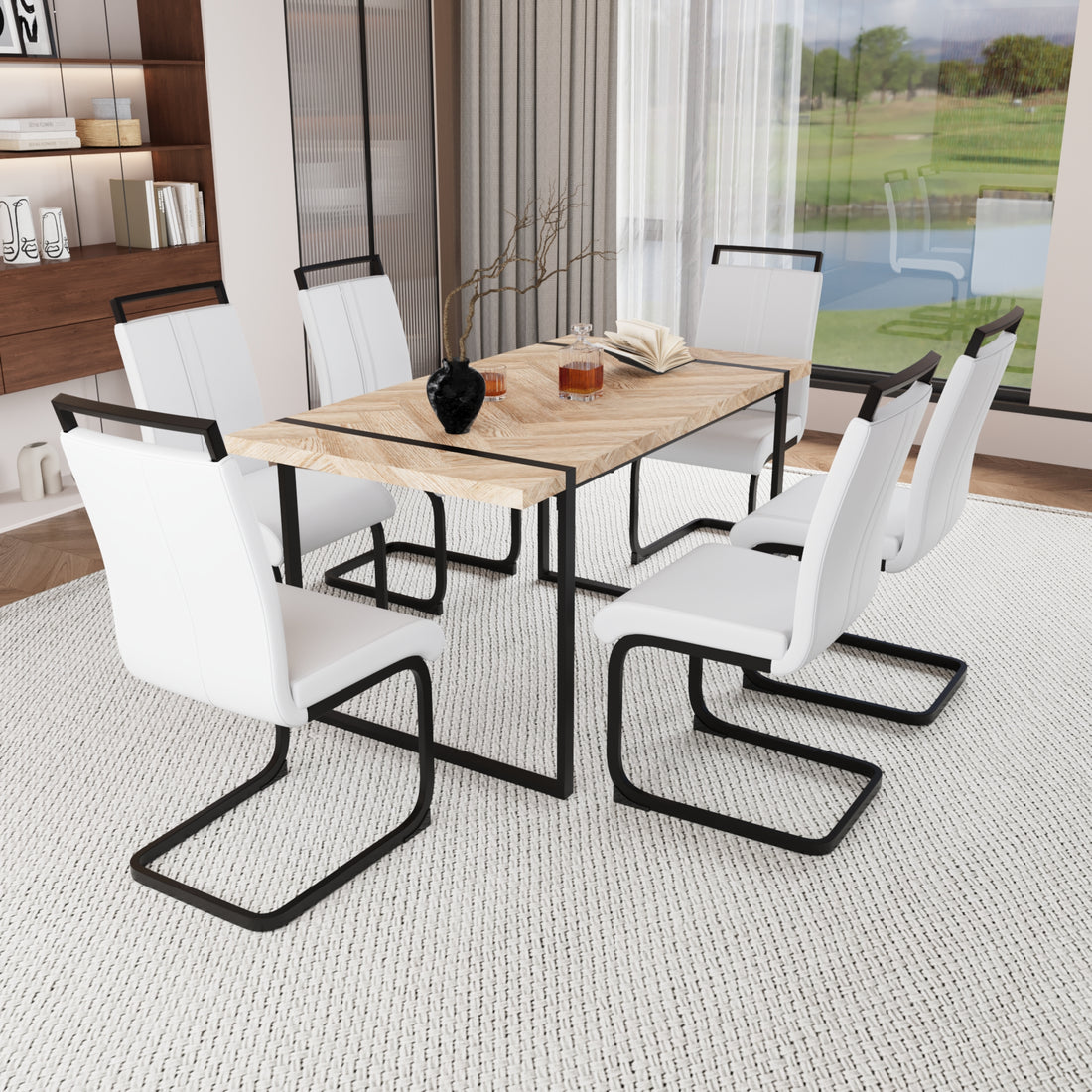 59 "Rural Industrial Rectangular Mdf Light Wood Dining Table Set And Pu Armless Dining Chair Set, 6 Piece. Kitchen Black Metal Table Leg Dining Chair Set White Natural Mdf