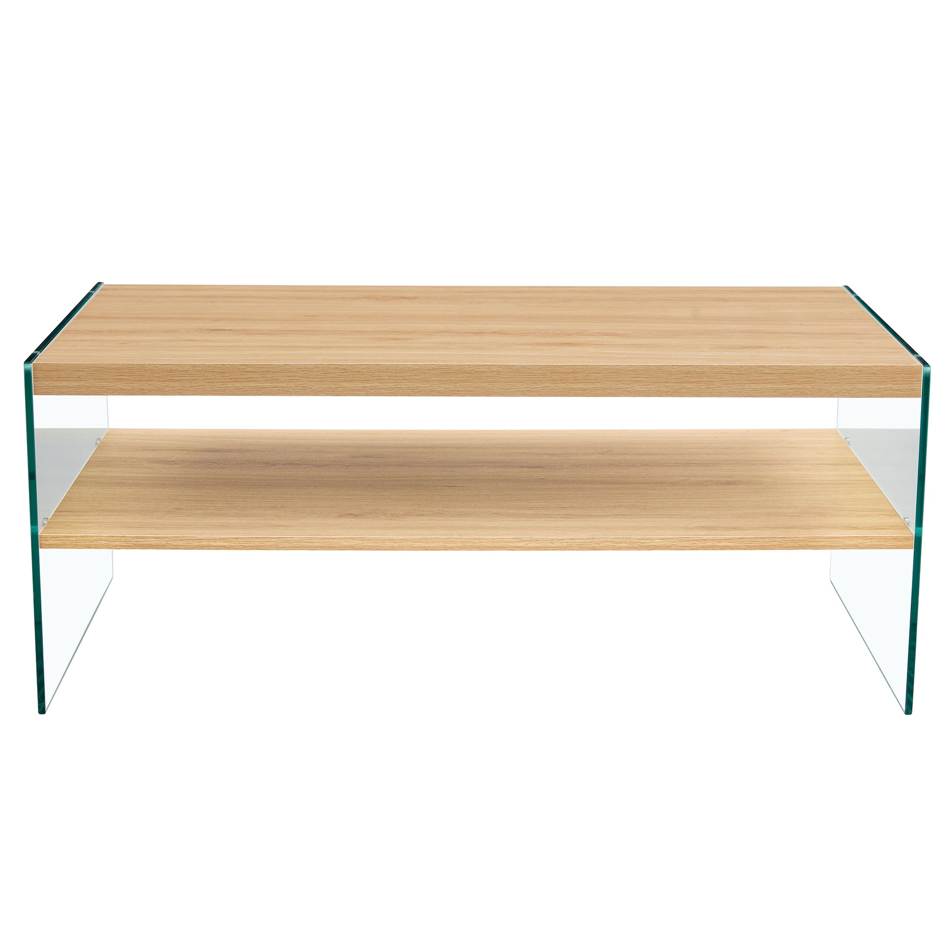 Double Layered Rectangular Coffee Table.The Board Is Made Of Mdf With Wooden Stickers, With Transparent Tempered Glass On Both Side.Suitable For Various Occasions Such As Living Rooms And Bedrooms. Wood Mdf Glass