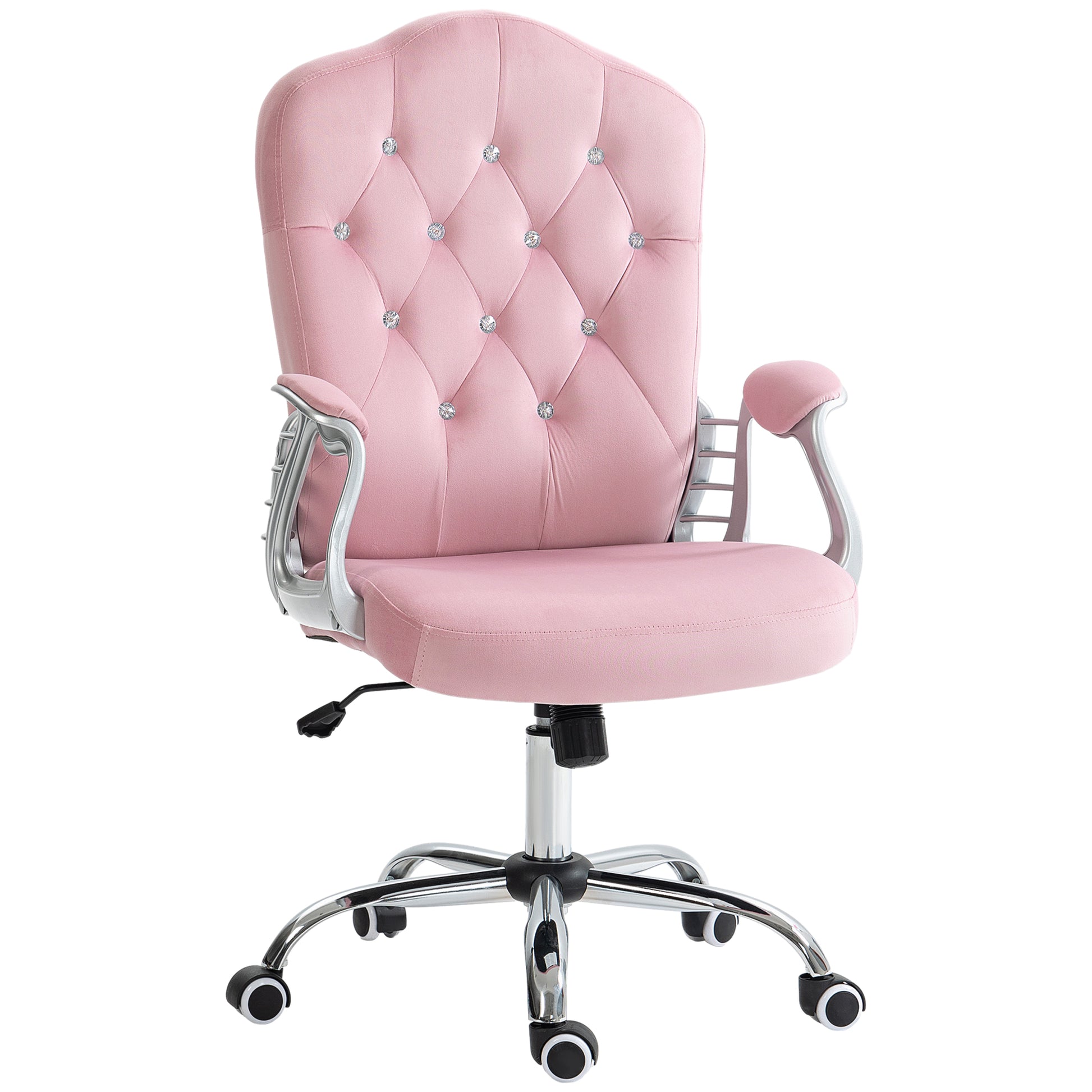 Vinsetto Home Office Chair, Velvet Computer Chair, Button Tufted Desk Chair With Swivel Wheels, Adjustable Height, And Tilt Function, Pink Pink Polyester