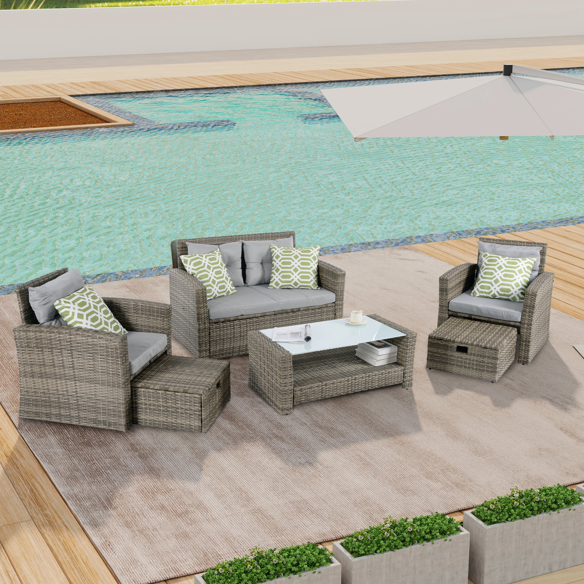 Patio Furniture, Outdoor Furniture, Seasonal Pe Wicker Furniture, 6 Set Wicker Furniture With Tempered Glass Coffee Table Brown Pe Rattan Iron Waterproof Fabric