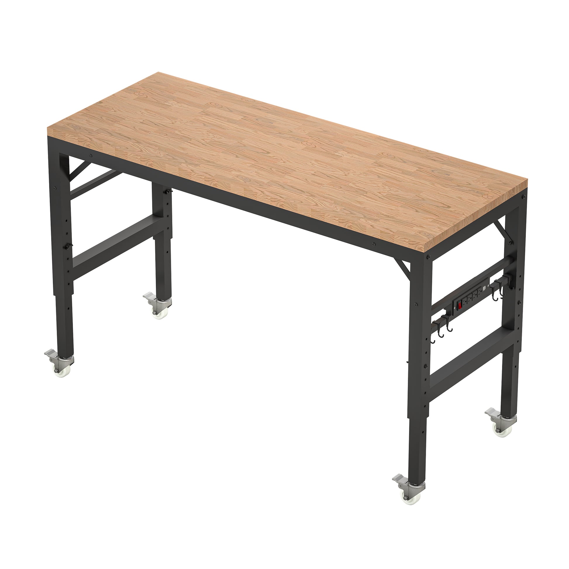 60" Adjustable Workbench For Garage, Rubber Wood Heavy Duty Workstation With Power Outlets & Wheels, 2000 Lbs Load Capacity Hardwood Worktable For Workshop, Garage, Office, Home, Commercial Black Metal & Wood
