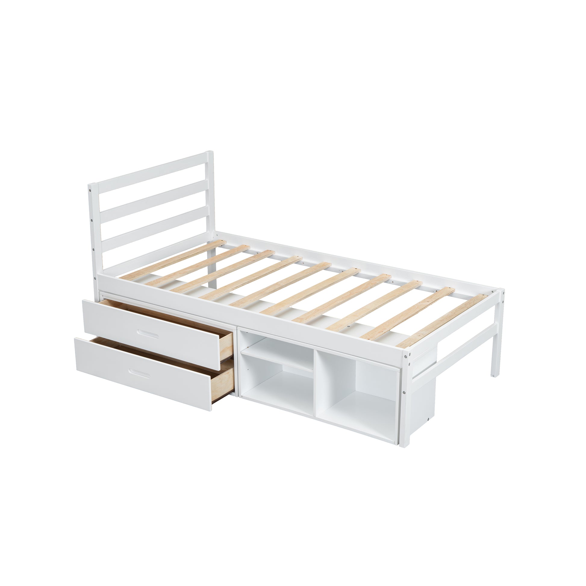 Twin Size Wood Platform Bed With Removable Storage Shelves, Built In Two Storage Drawers For Added Convenience, White Twin White Wood