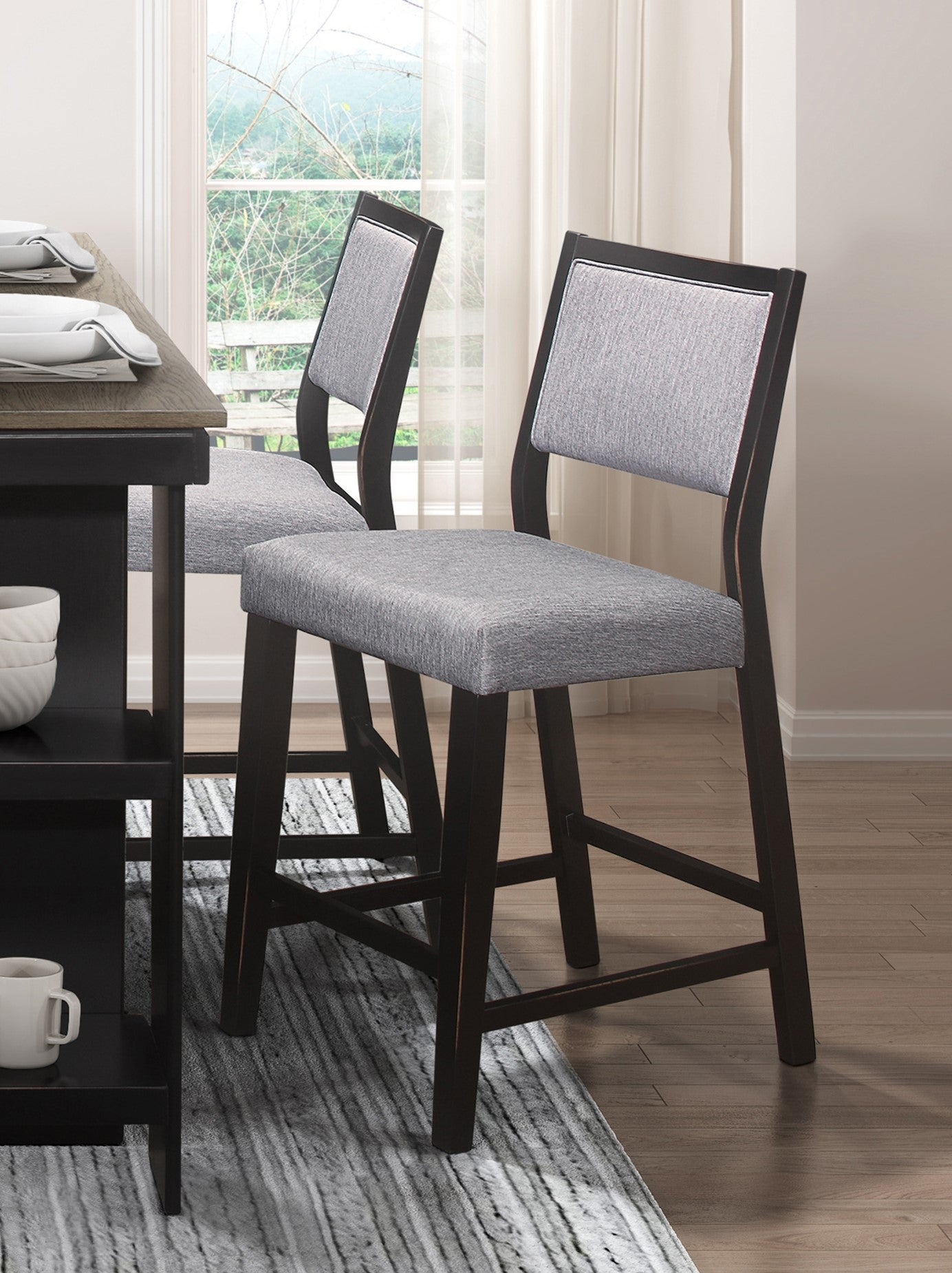 Black Finish Counter Height Chairs 2Pc Set Gray Fabric Upholstered Seat And Back Casual Dining Kitchen Furniture Black Gray Dining Room Casual Wood