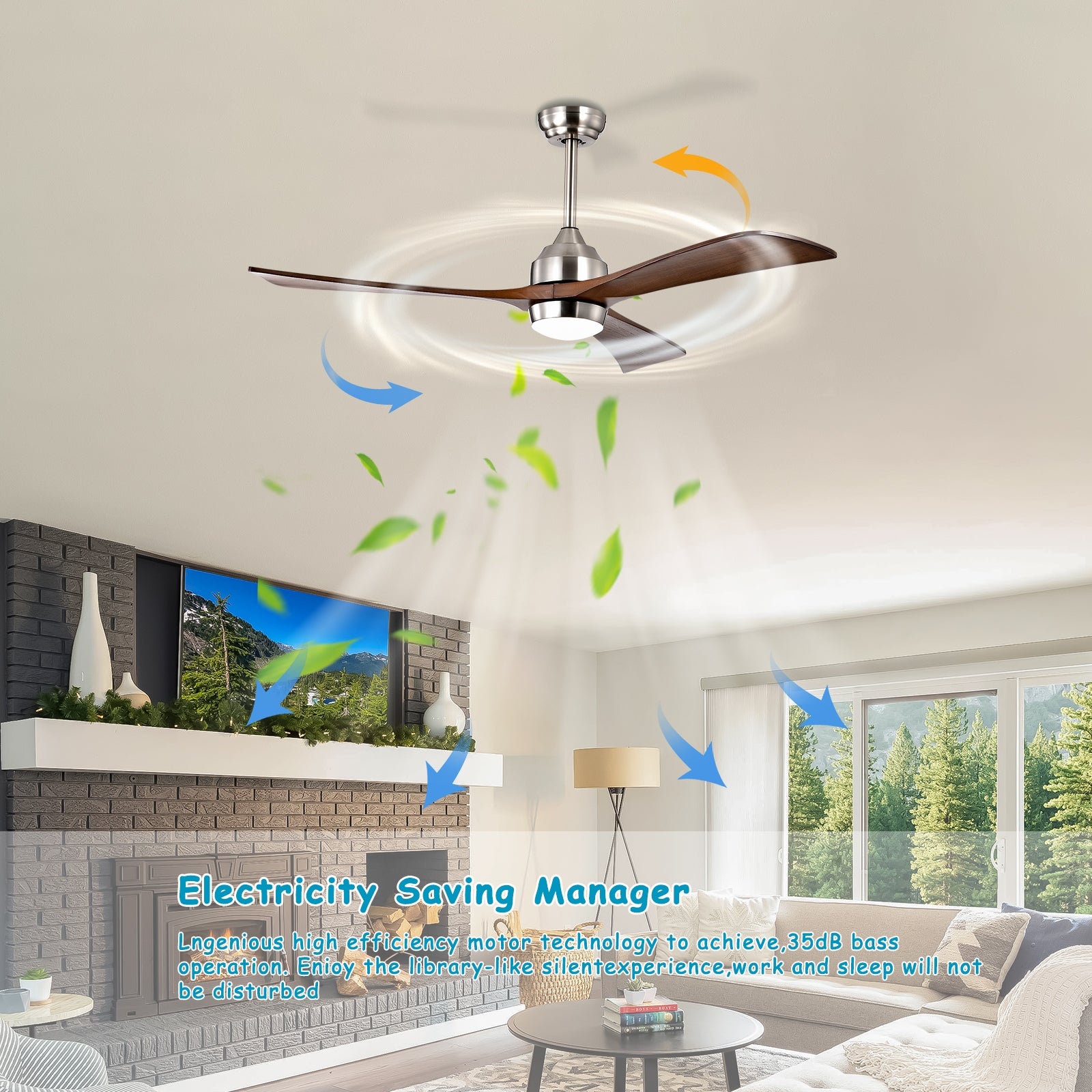 52" Ceiling Fan With Lights Remote Control,Quiet Dc Motor 3 Wood Blade Ceiling Fans 6 Speed Levels,Reversible Ceiling Fan, For Patio Living Room, Bedroom, Office,Indoor. Stain Nickel Walnut Nickel Contemporary,Farmhouse,Industrial Wood Iron