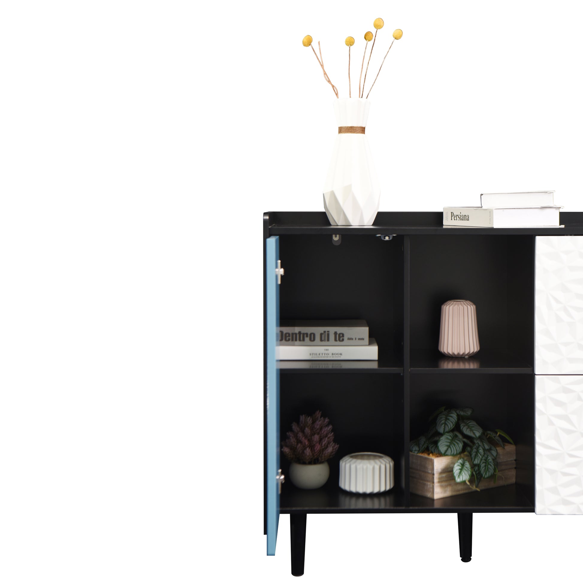 Sideboard Buffet Cabinet, Black Storage Cabinet With Red Doors2 Drawers With Unique Panel Styling And 2 Open Storage Compartment, Modern Coffee Bar Cabinet Accent Cabinet For Kitchen, Dining Room Black Blue Mdf