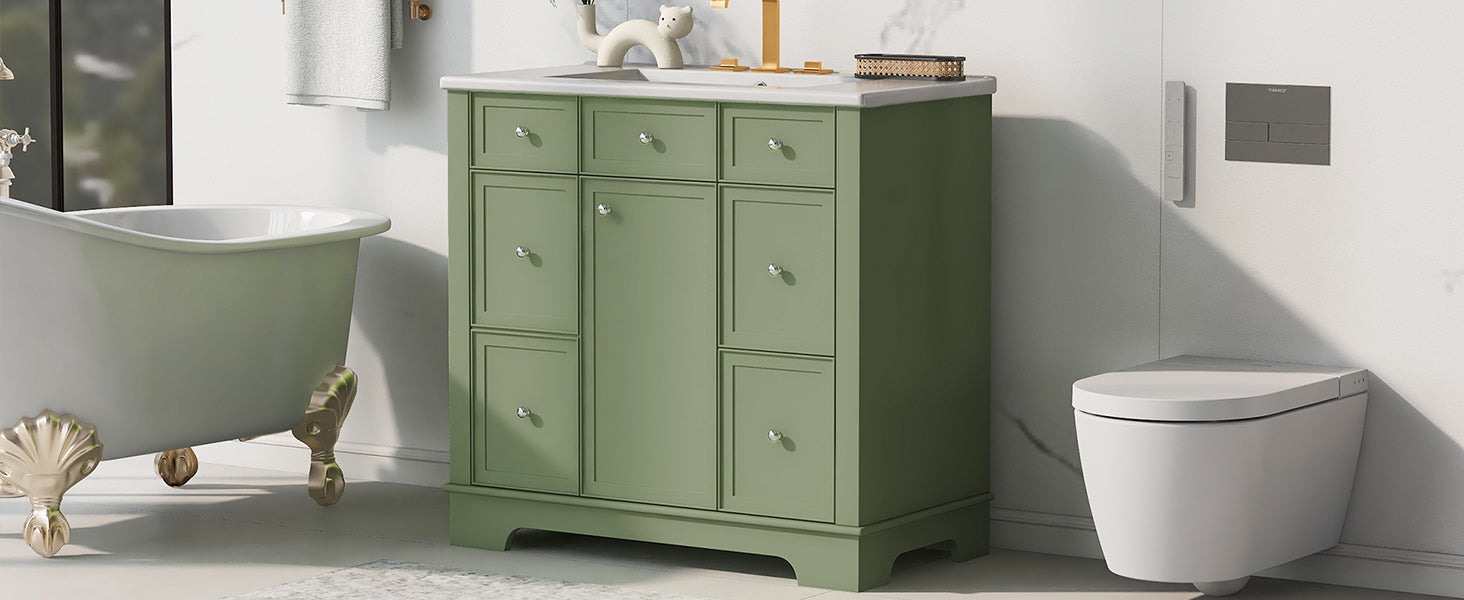 36" Bathroom Vanity With Sink, One Cabinet With Three Drawers And One Flip Drawer, Solid Wood And Mdf Board, Green Green Solid Wood Mdf