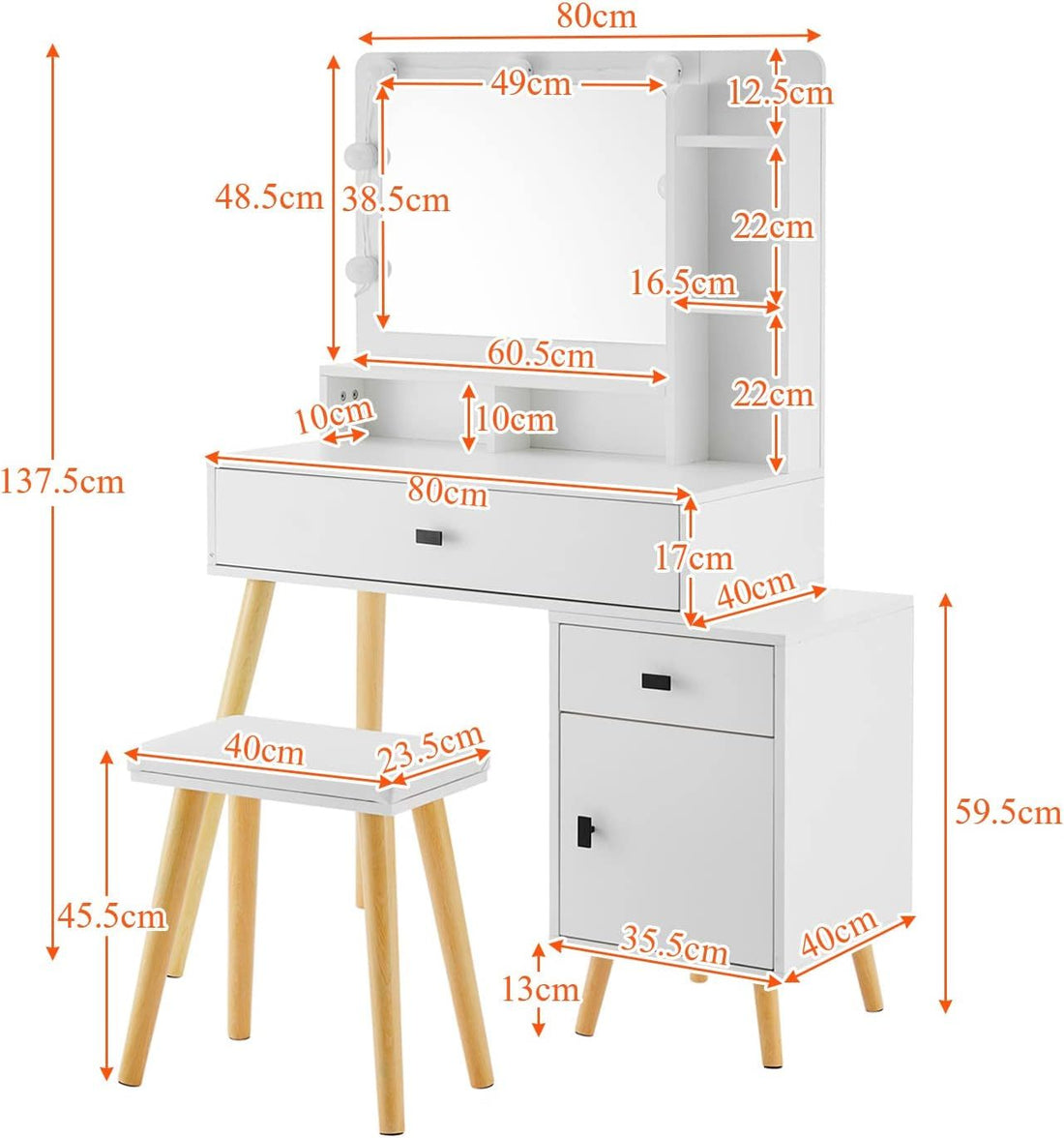 Dressing Table With Hollywood Led Mirror, Light Adjustable Brightness, Dressing Table, Padded Stool Set, White, Wooden Cosmetic Table With Drawer And Storage Cabinet White Drawer 2 Drawers Bedroom Modern 2 Or Less Mirror Included White Particle Board Mdf