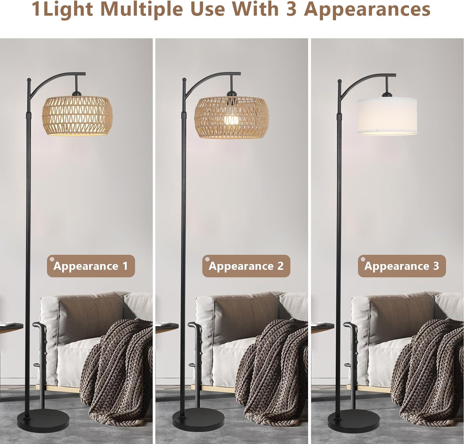 Arc Floor Lamp With Remote Control, Dimmable Led Floor Lamp With 3 Color Temperature, Black Standing Lamp With Rattan & Fabric Double Drum Shade, Boho Farmhouse Tall Pole Lamp For Living Room Bedroom Brown Black Rattan Metal