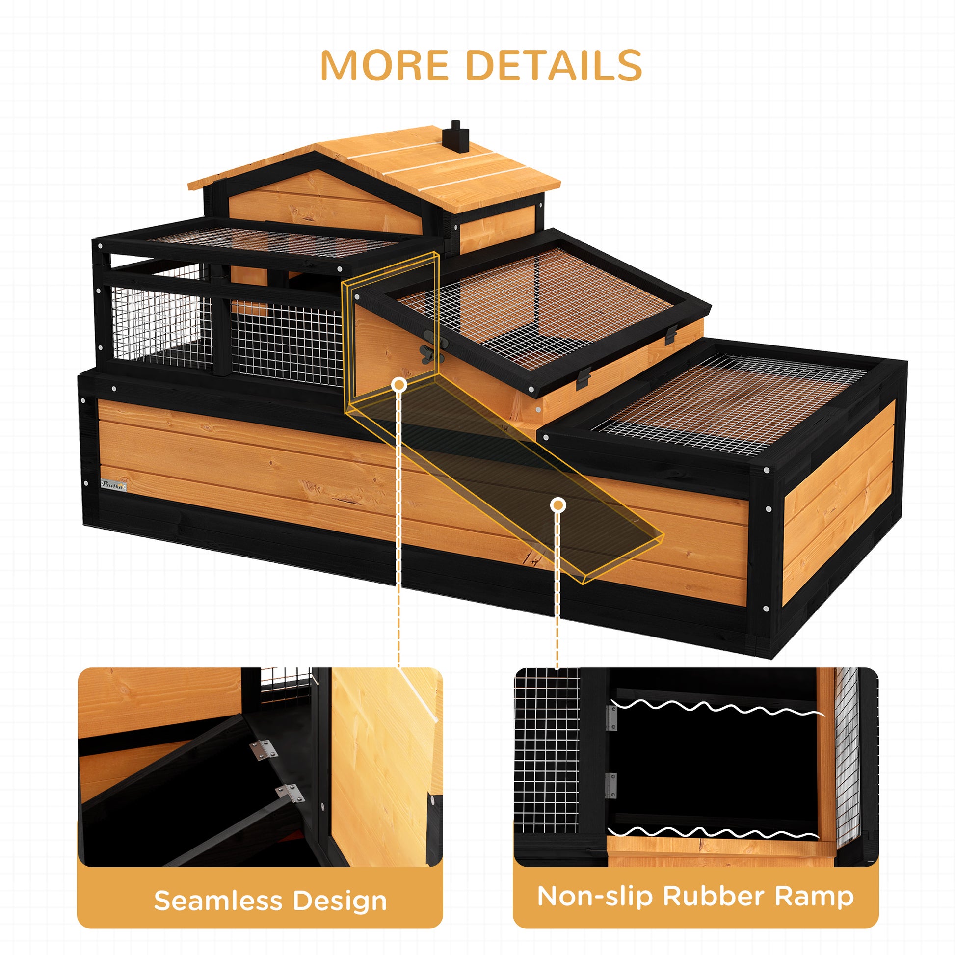 Pawhut 3 Room Tortoise House Habitat With Balcony & 2 Stories, Indoor Outdoor Wooden Tortoise Enclosure With Ladder, Tray, Openable Roof, Large Reptile Cage, 44" X 25.5" X 23", Yellow Yellow Wood