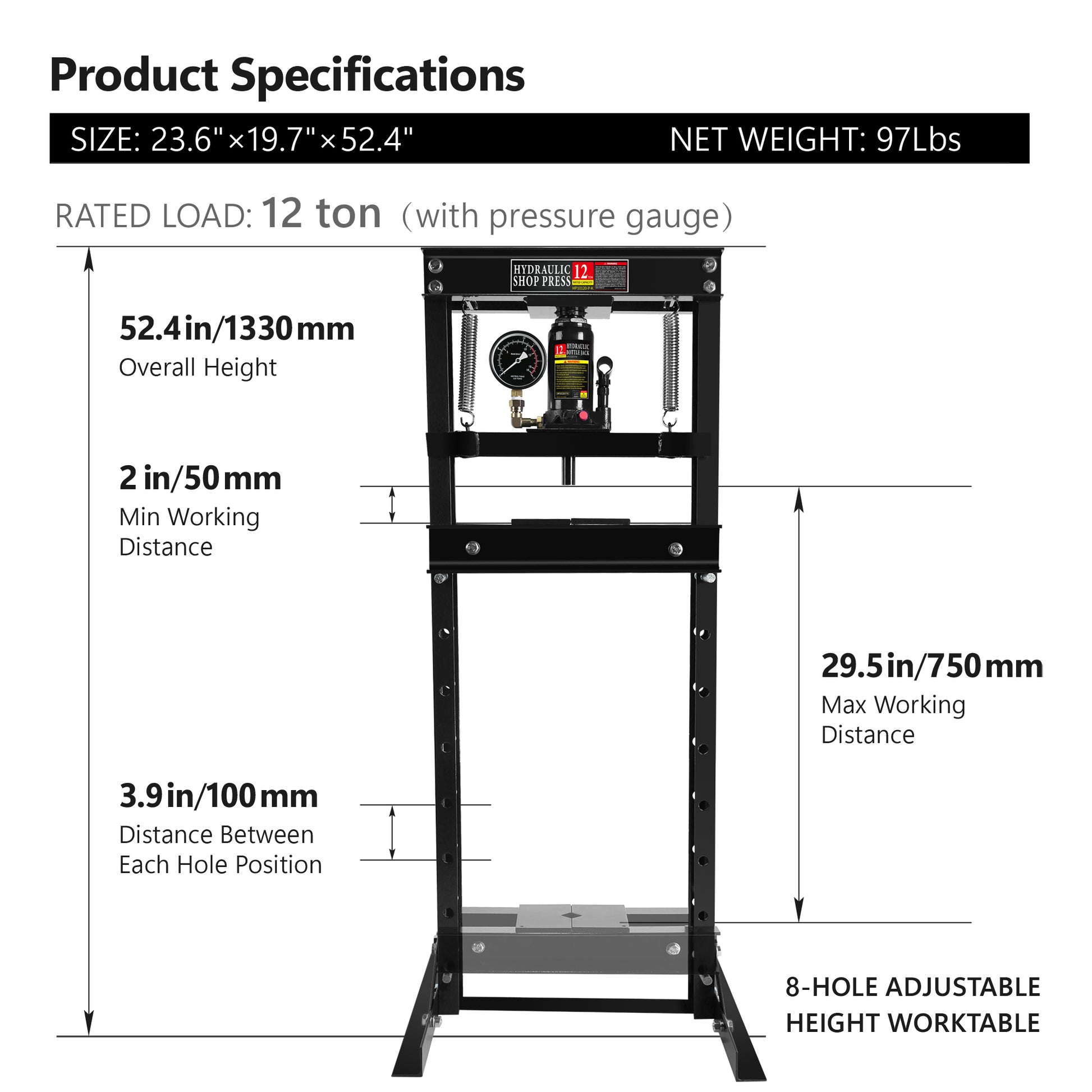 Steel H Frame Hydraulic Garage Shop Floor Press With Stamping Plates, With A Pressure Gauge,12 Ton 24,000 Lb Capacity, Black Black Steel